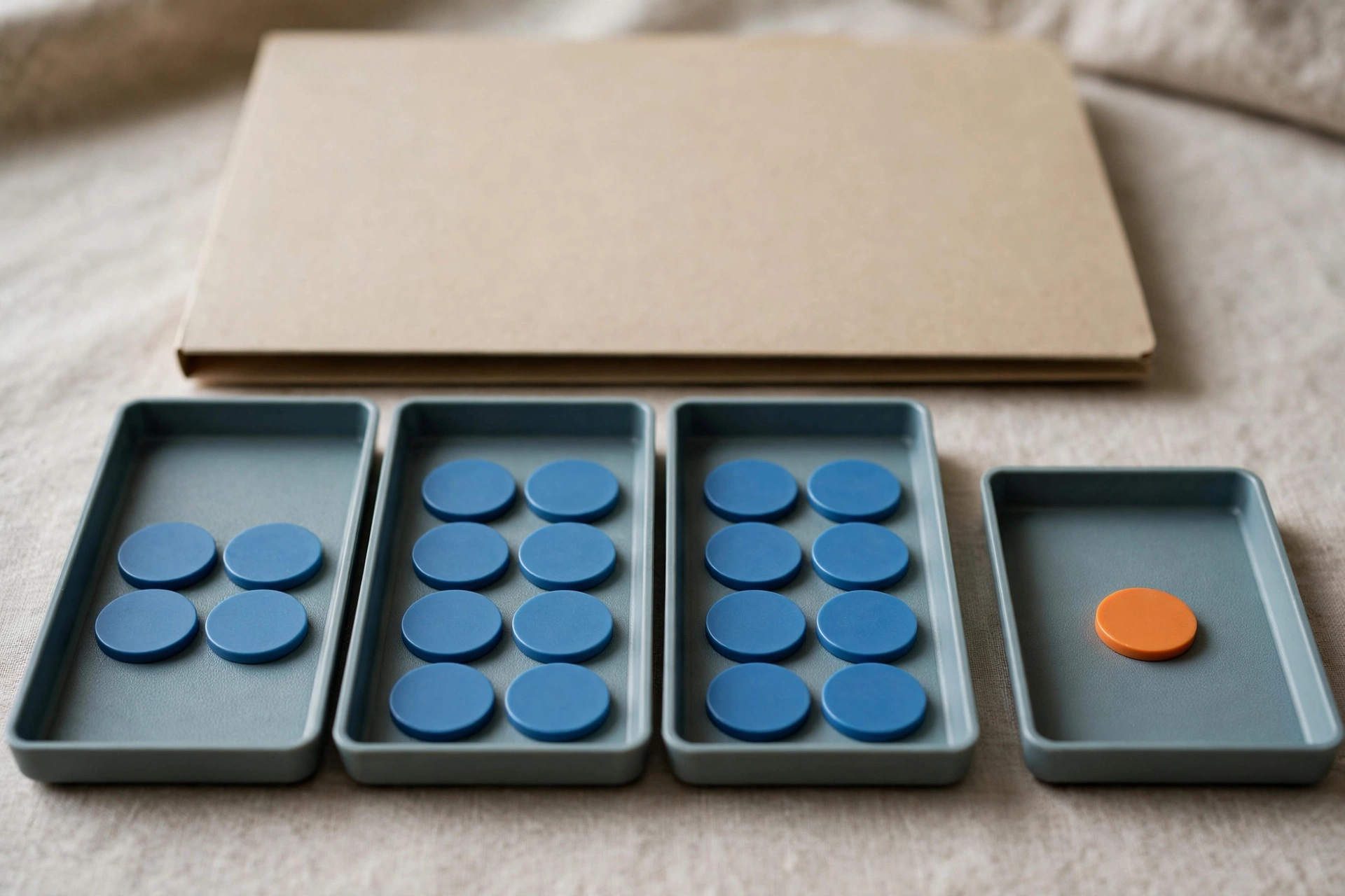 Four shallow office trays with blue tokens progress from left to right, with one orange token isolated in the rightmost tray.