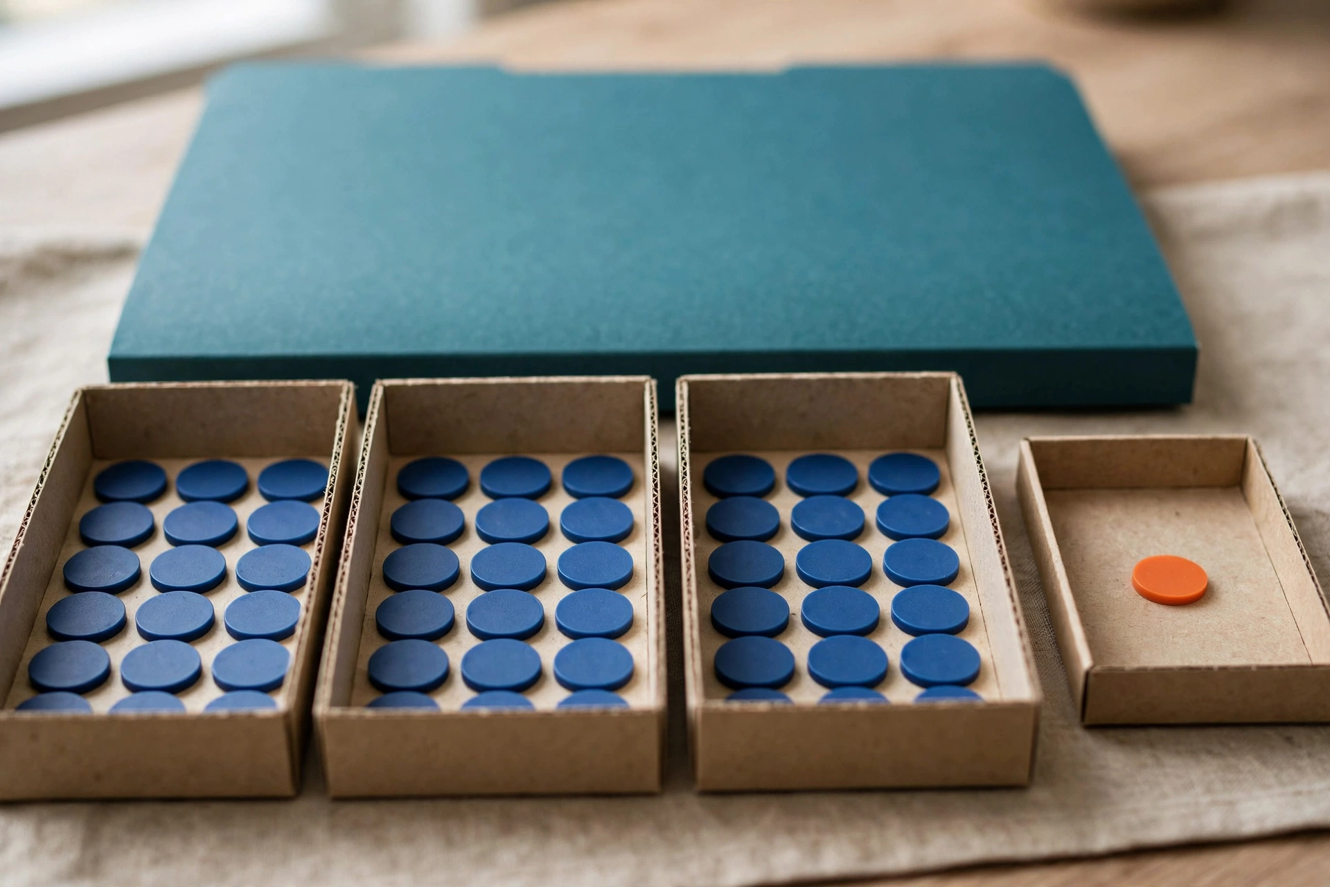 Three cardboard trays hold blue tokens, and a fourth tray holds a single orange token, with a teal folder behind.
