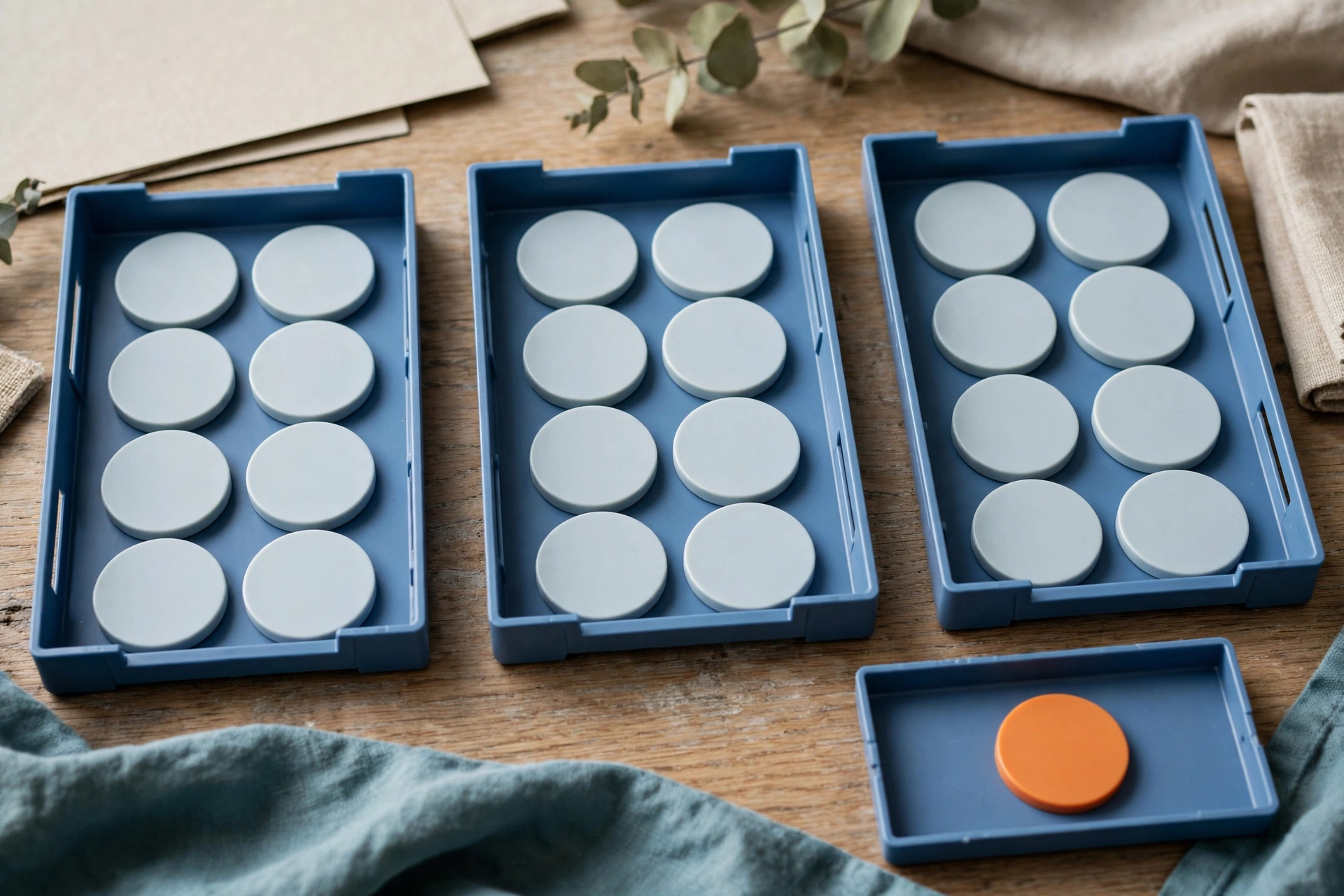 Three blue sorting trays with blank tokens are arranged in sequence, with a fourth tray containing a single orange token to the right.