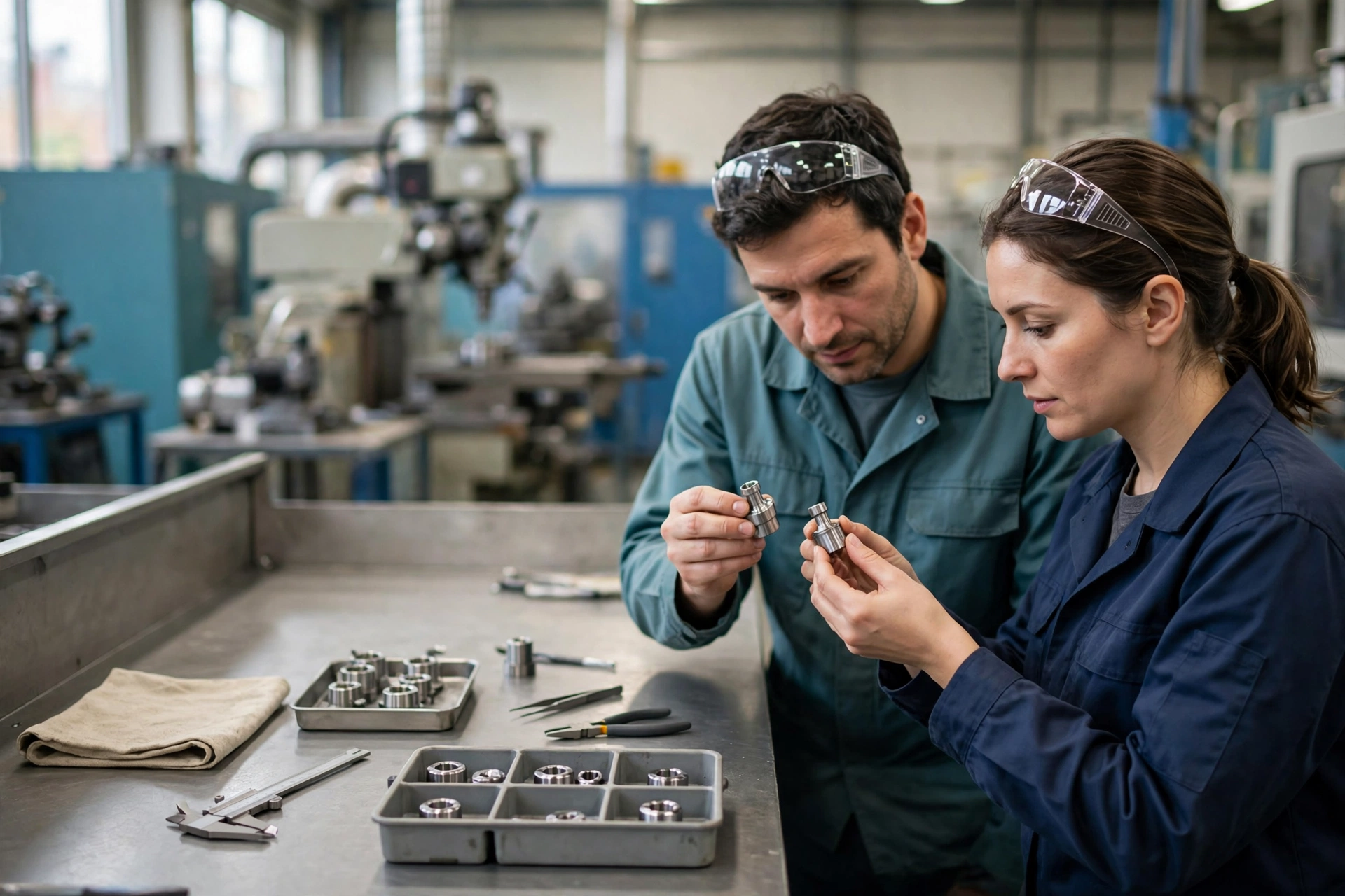 A man and a woman in a manufacturing facility compare small metal components at a workbench.