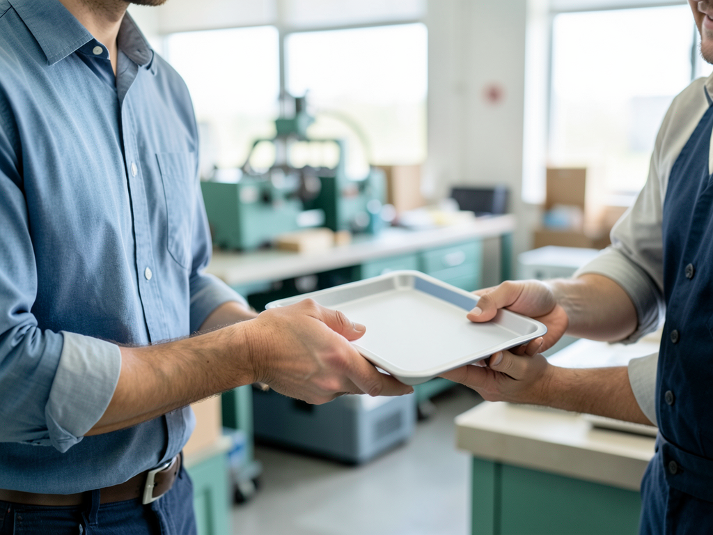 A plant operations colleague hands a sample tray to a customer-facing teammate in a bright manufacturing workshop.
