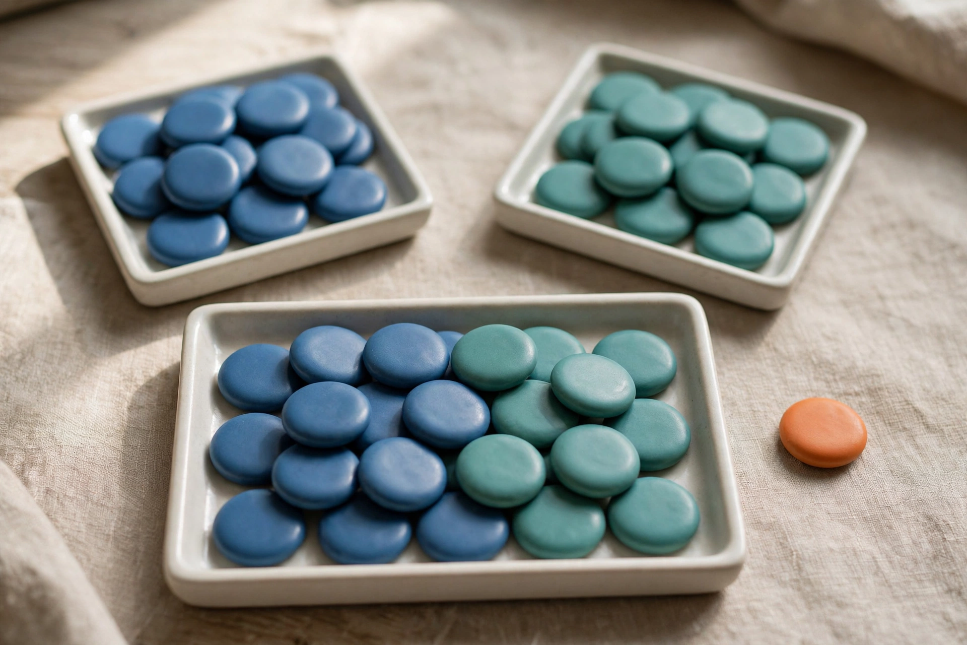 Two square white trays of blue and teal tokens converge into a single rectangular white tray, with one orange token to the side.