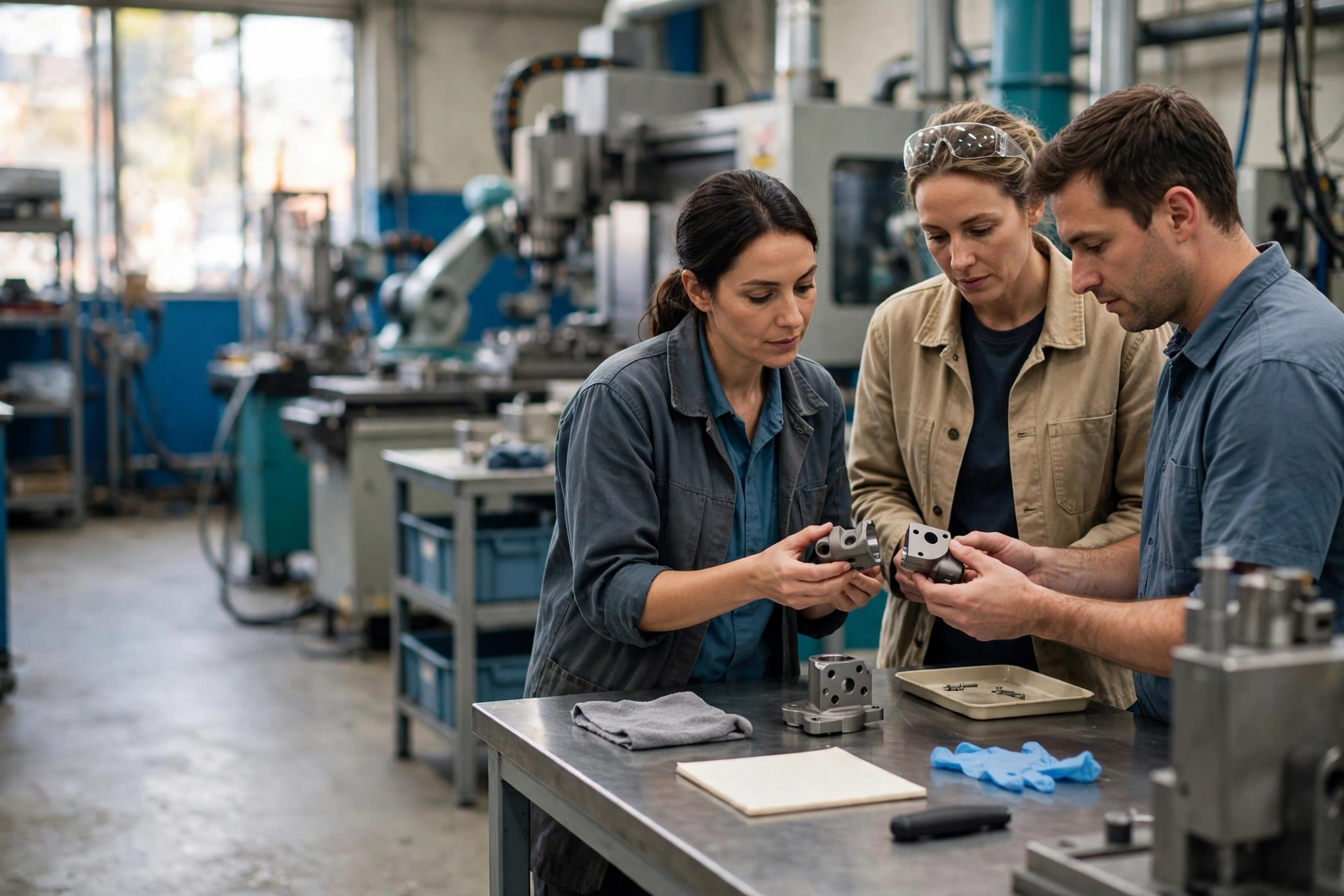Three manufacturing professionals compare sample parts at an assembly station with machinery in the background.