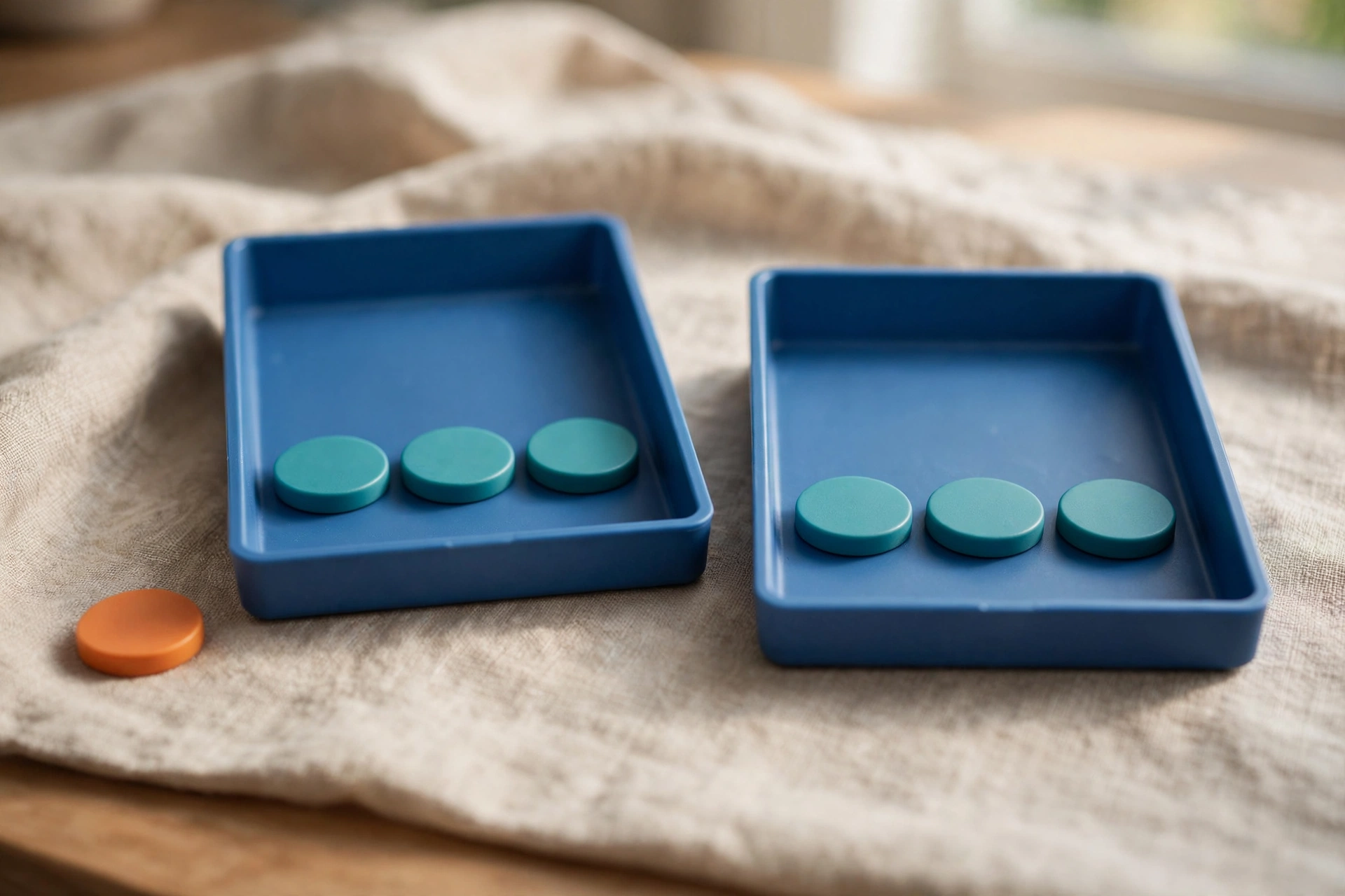 Two blue sorting trays with teal tokens and an orange token are arranged on a textured cloth.