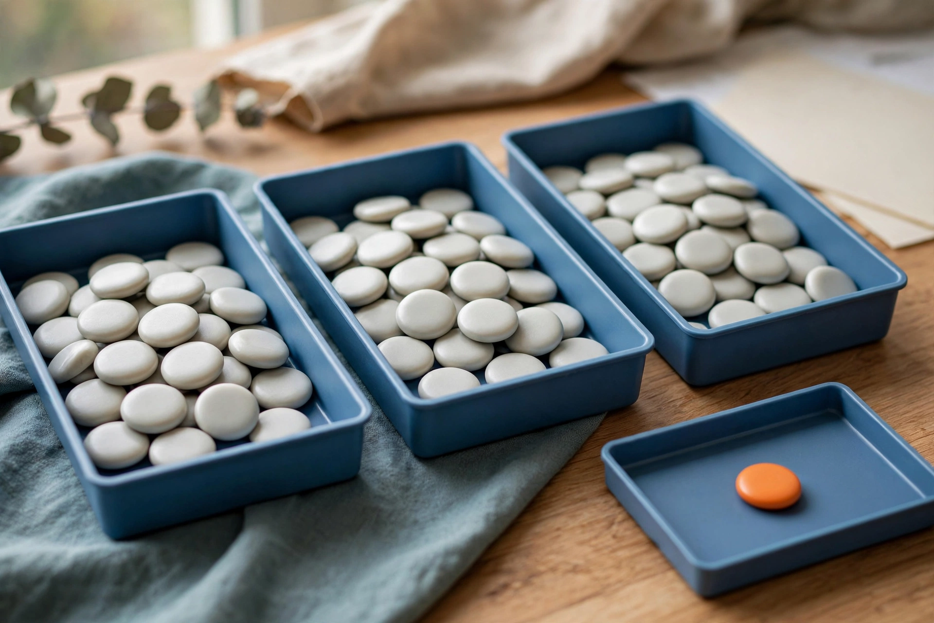 Three blue sorting trays filled with white tokens are arranged in sequence, with a fourth blue tray containing a single orange token to the side.