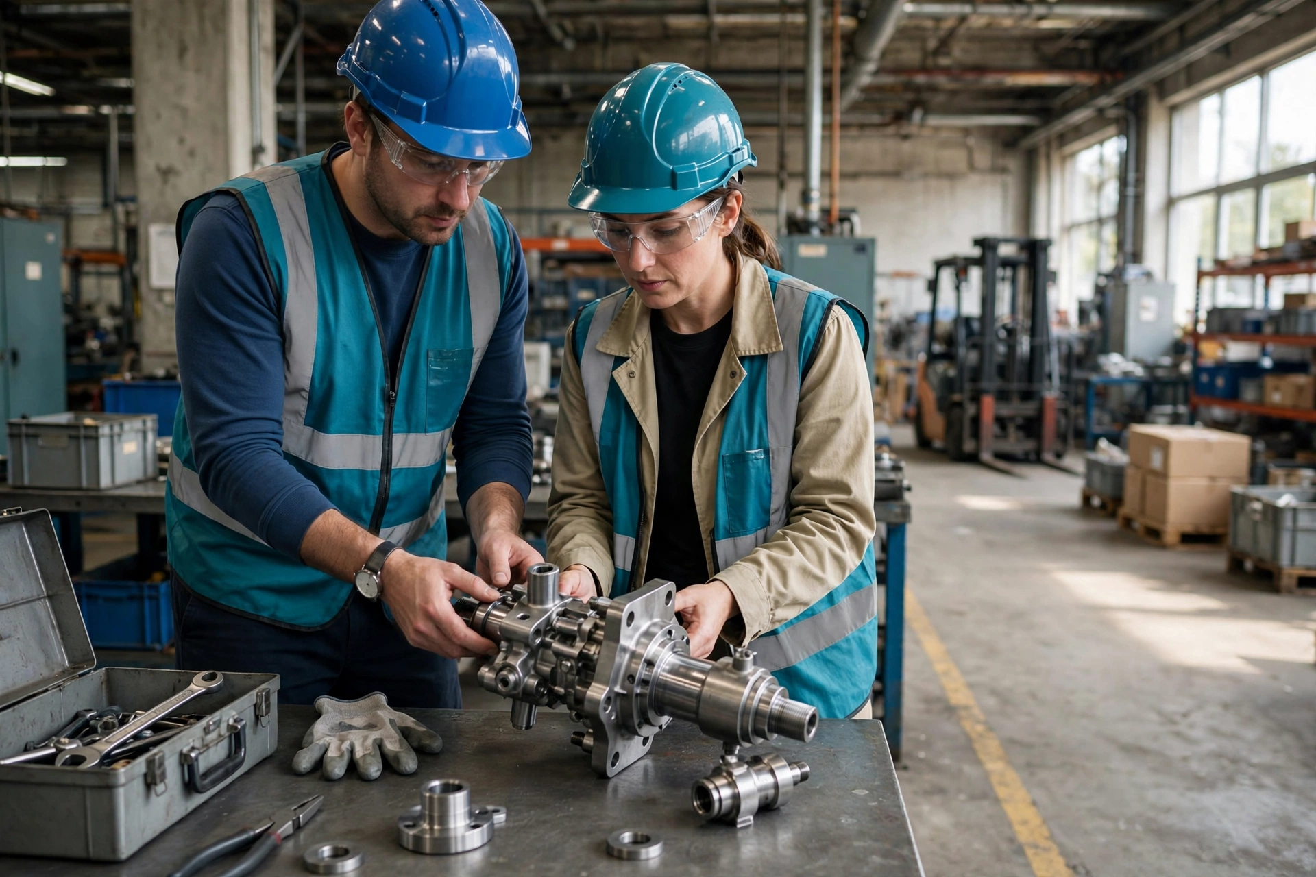 A man and a woman wearing hard hats and safety vests inspect a complex metal component in a factory workshop.