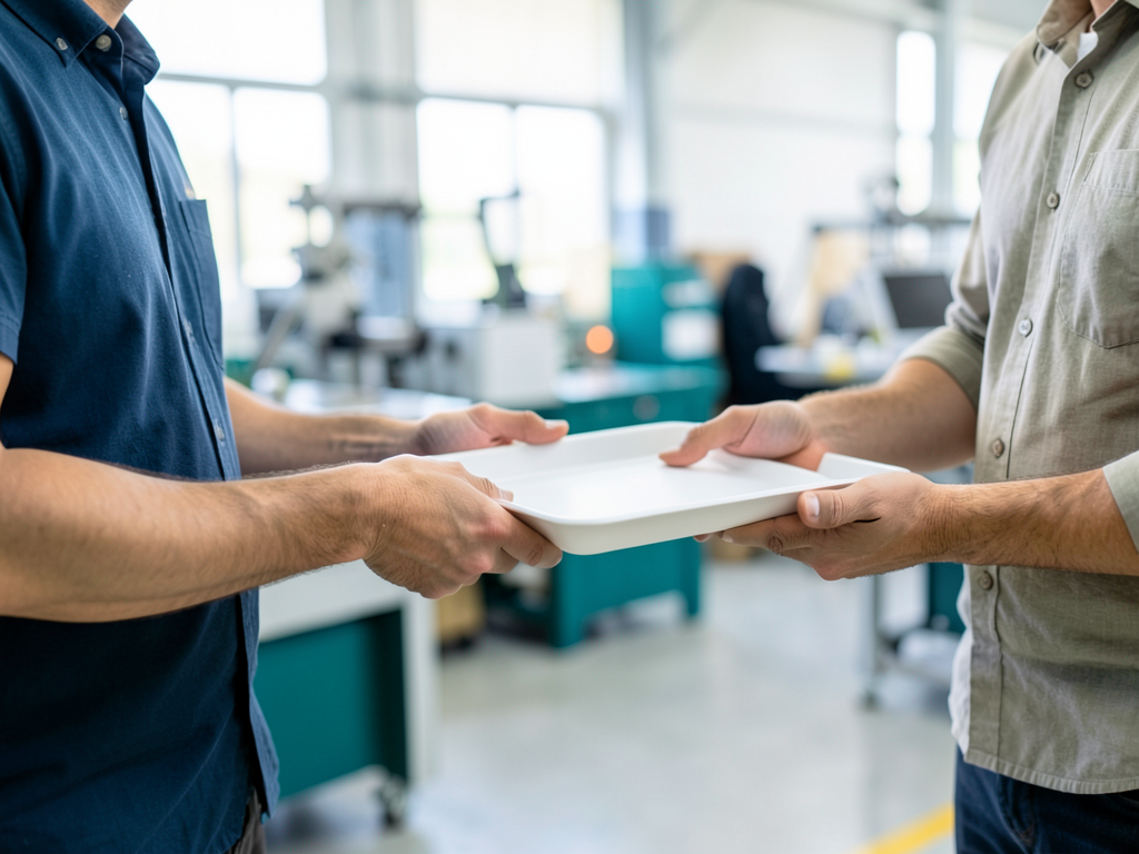 A plant operations colleague hands a plain sample tray to a customer-facing teammate in a bright manufacturing workshop.