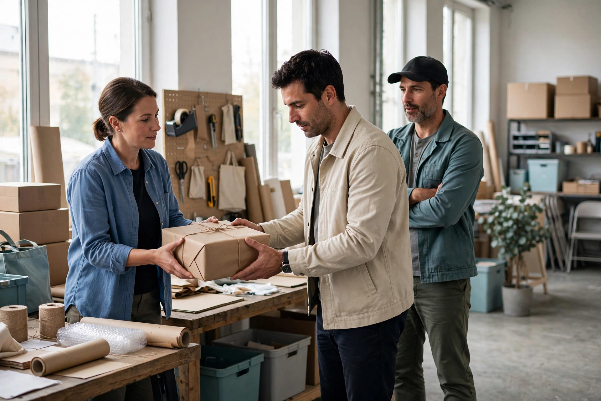 A woman hands a package to a man while another man watches in a studio with shelves and boxes.