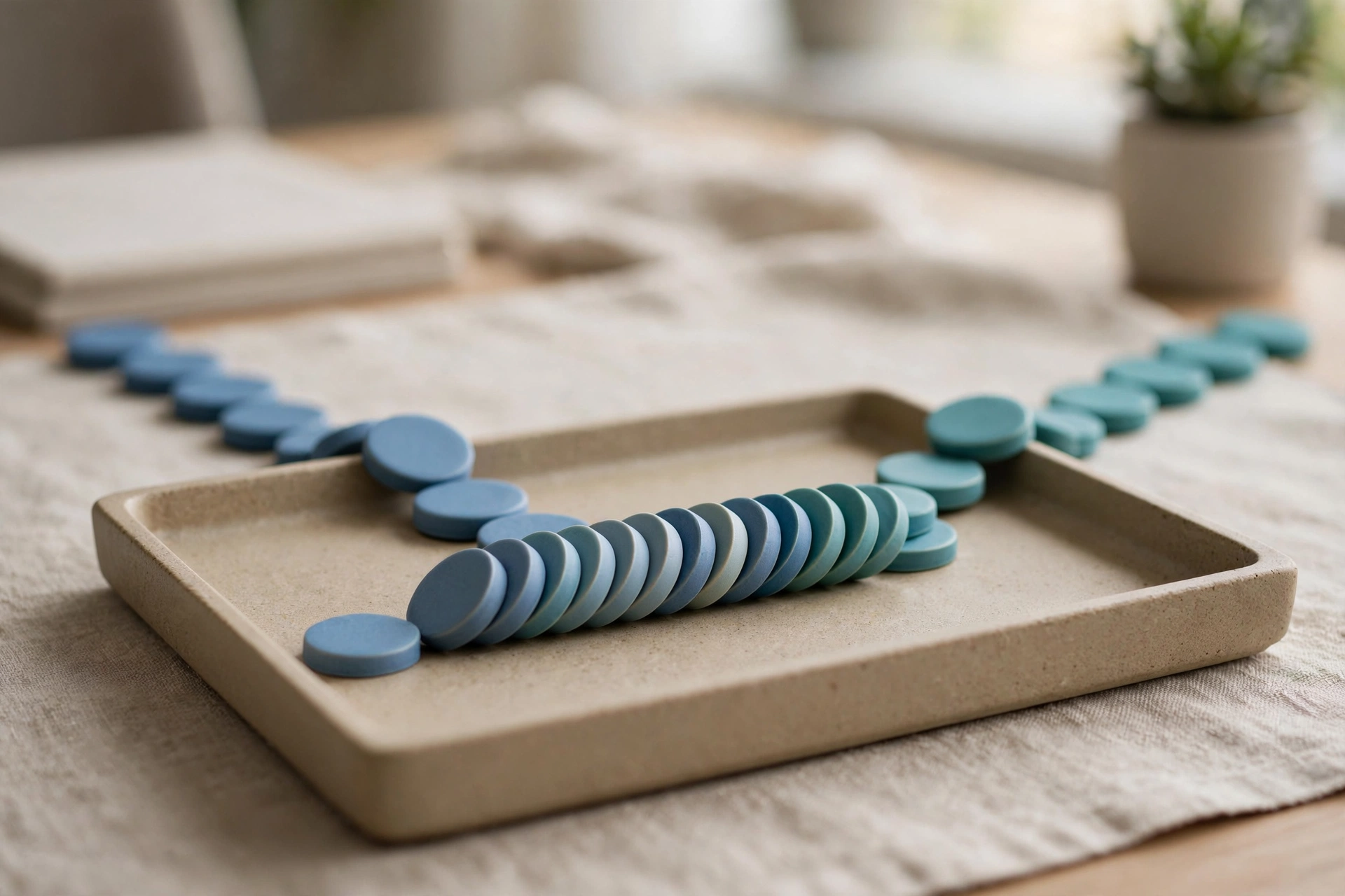 Two streams of blue and teal ceramic tokens converge into a single ordered row within a shallow sorting tray on a table.