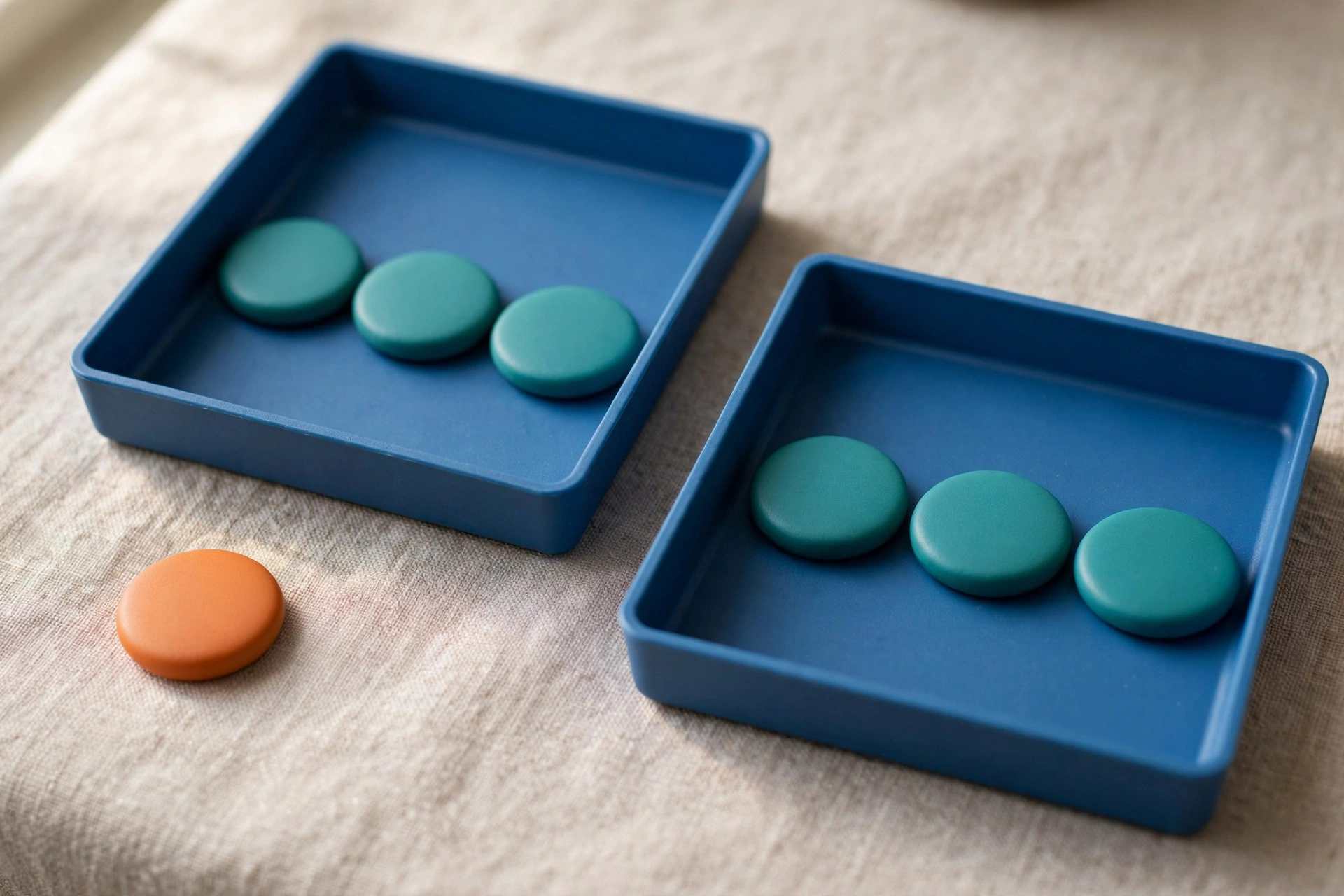 Two blue sorting trays with teal tokens and an orange token outside one tray are arranged on a textured surface.