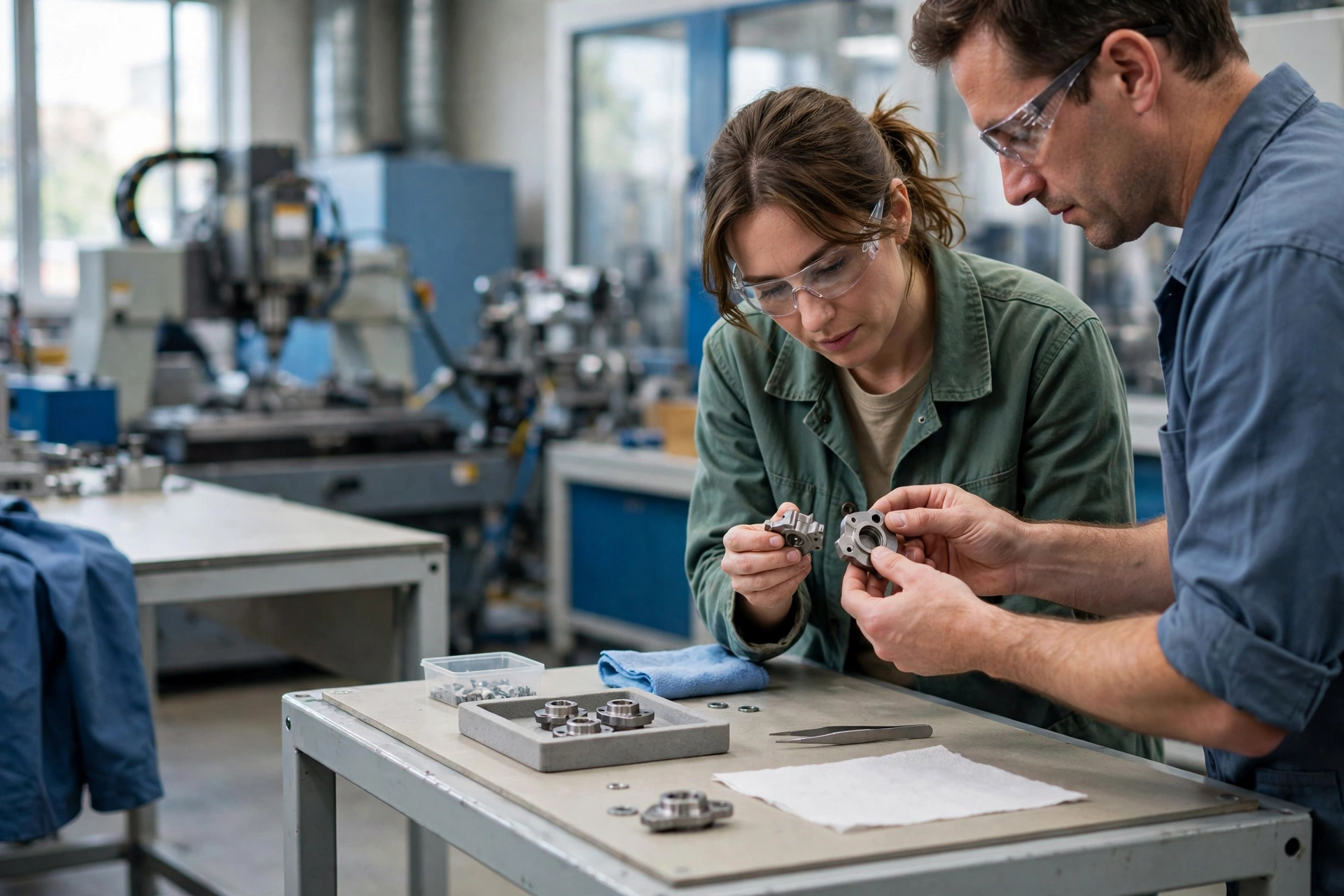 A woman and a man in safety glasses compare metal parts at a workbench in a manufacturing facility.