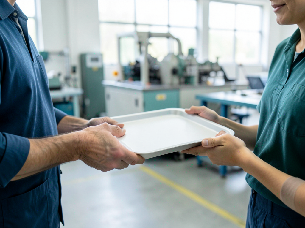 A plant operations colleague in a blue shirt hands a plain white sample tray to a customer-facing teammate in a teal shirt in a bright manufacturing workshop.