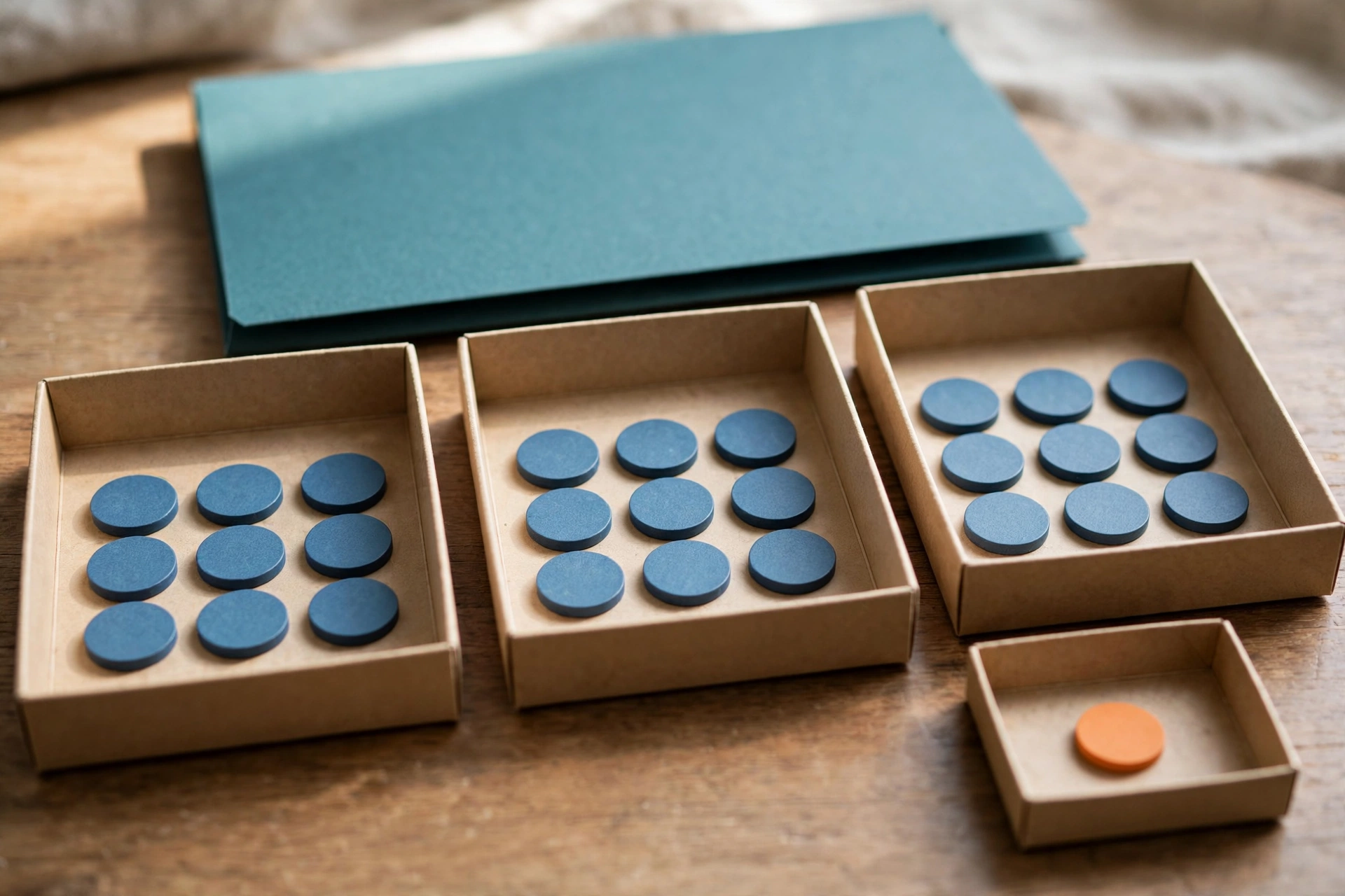 Three cardboard trays hold blue tokens, and a fourth smaller tray holds a single orange token, with a closed teal folder behind them.