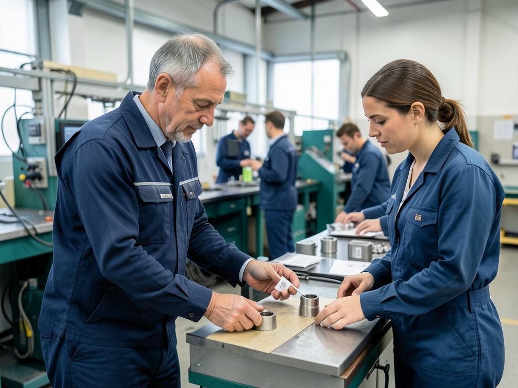 A man and a woman in blue work uniforms inspect metal components at a workbench in a factory.