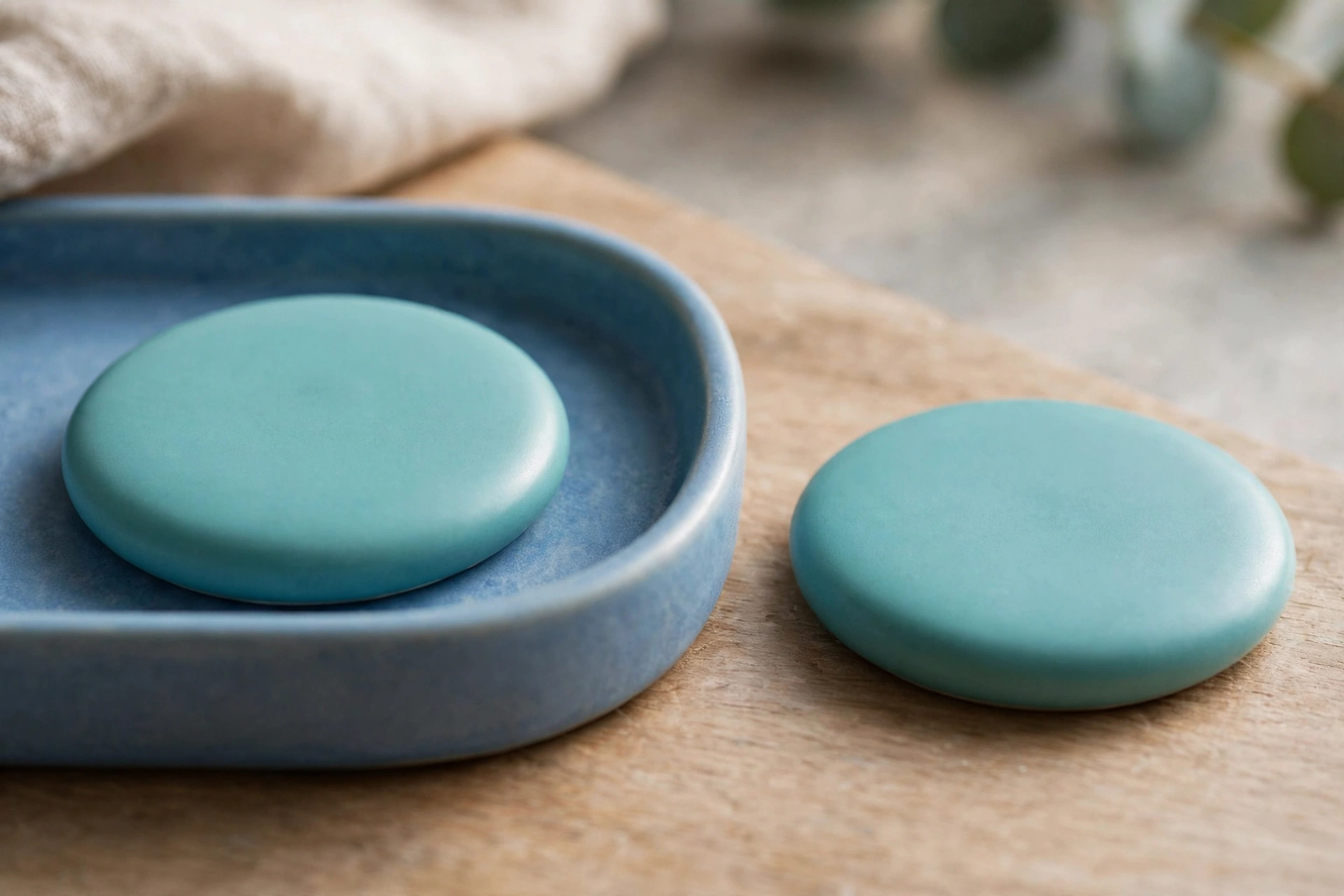 Two identical teal discs are shown, with one disc placed inside a blue tray and the other disc placed separately outside the tray on a wooden surface.