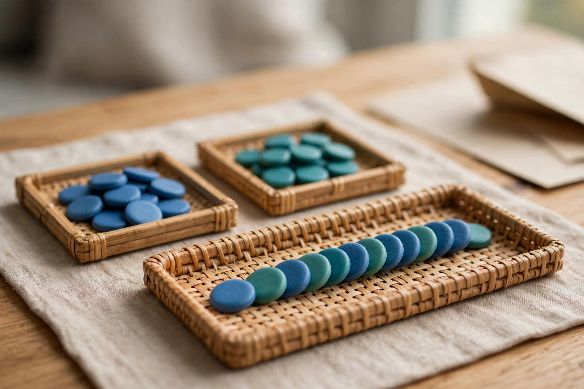 Two small trays of blue and teal tokens converge into a larger tray with a neat sequence of combined colors.