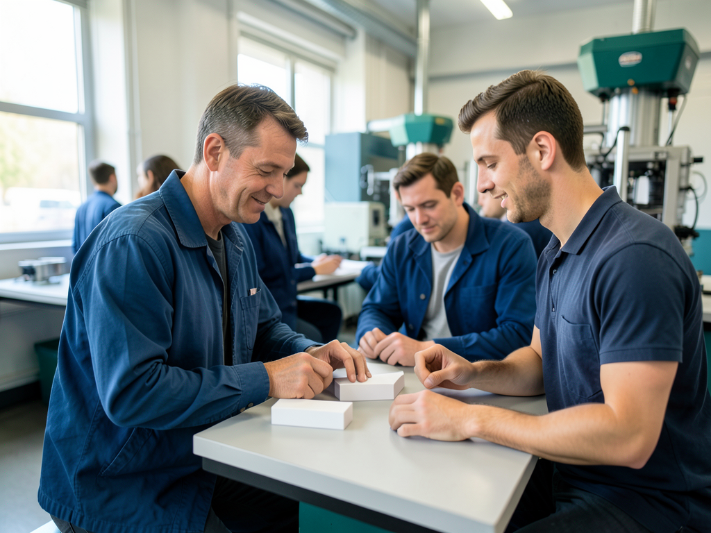 Three men in a manufacturing setting compare parts at a clean assembly station with machinery in the background.