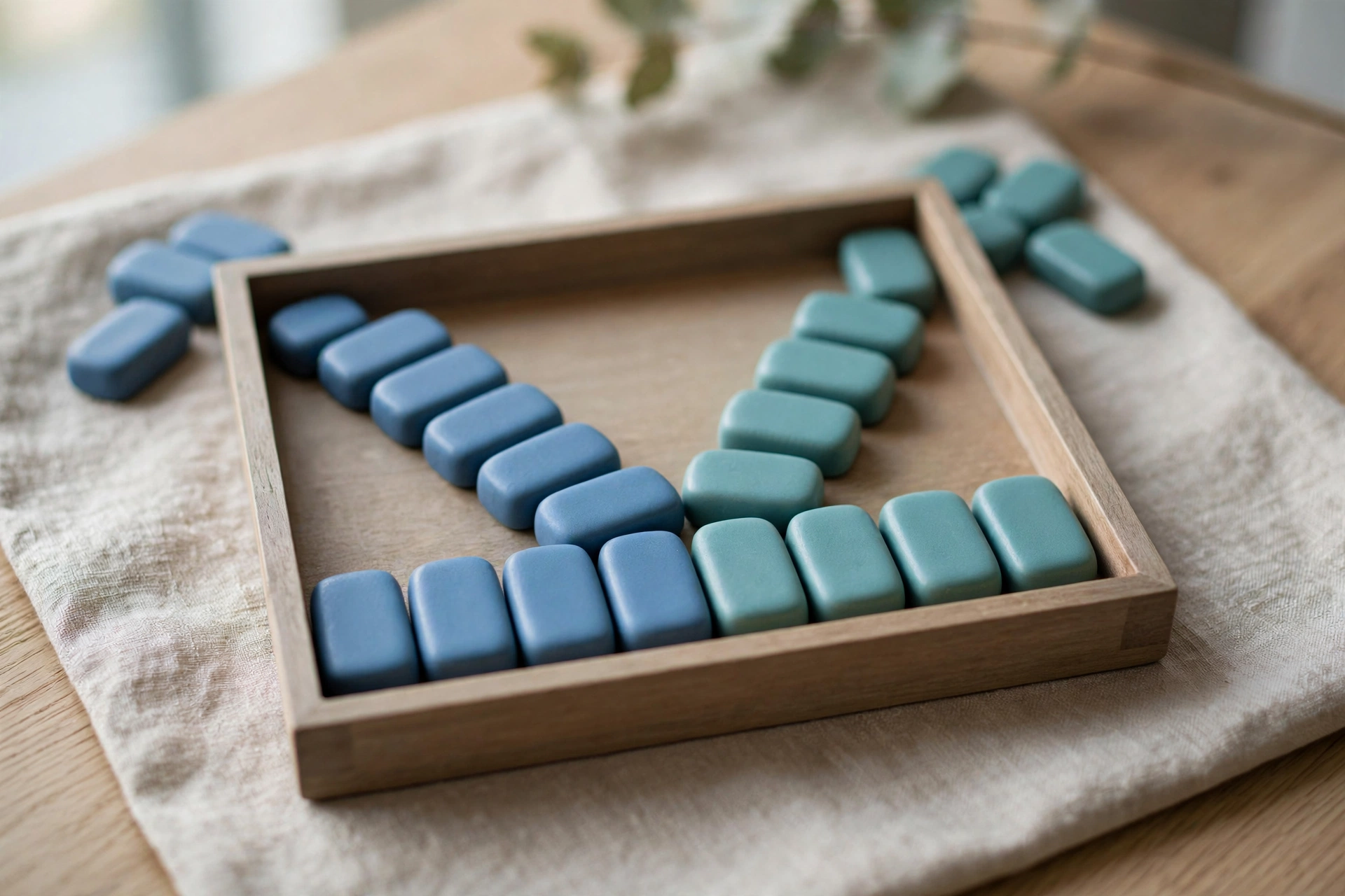 Two streams of blue and teal ceramic tokens converge into one neat ordered row inside a central shallow sorting tray.