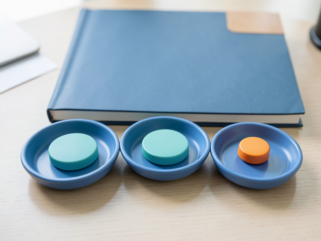 Three blue trays with teal tokens in sequence and one orange token in a separate tray sit on a wooden desk in front of a closed blue notebook.