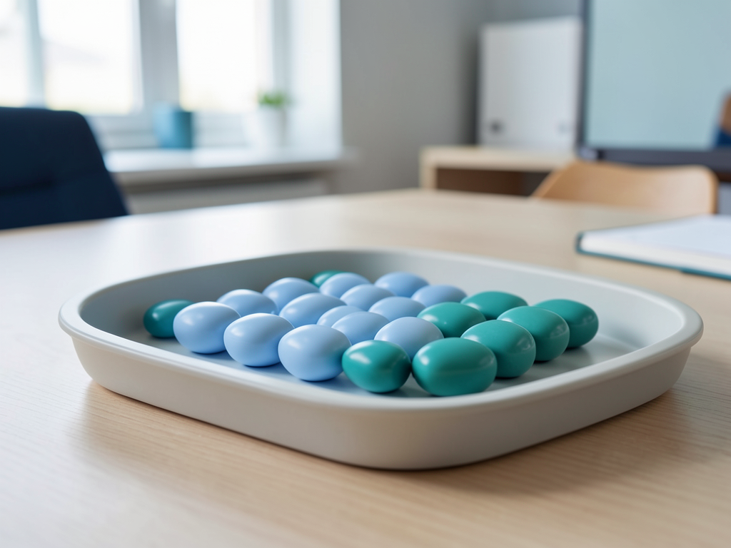 Two streams of blue and teal ceramic tokens converge into one neat row in a shallow sorting tray on a desk.