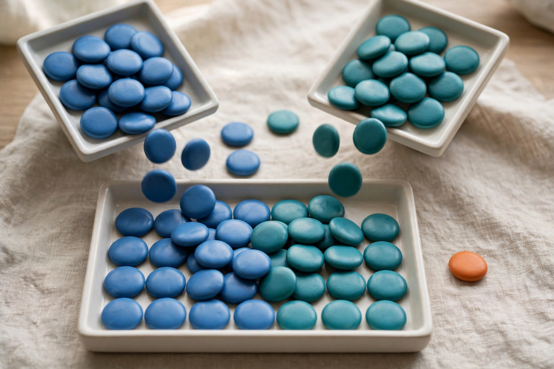 Two square trays of blue and teal tokens pour into a larger rectangular tray, with one orange token beside it on a textured cloth.