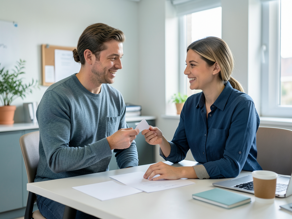 A man and a woman smile at each other while exchanging a small white card across a desk in an office setting.