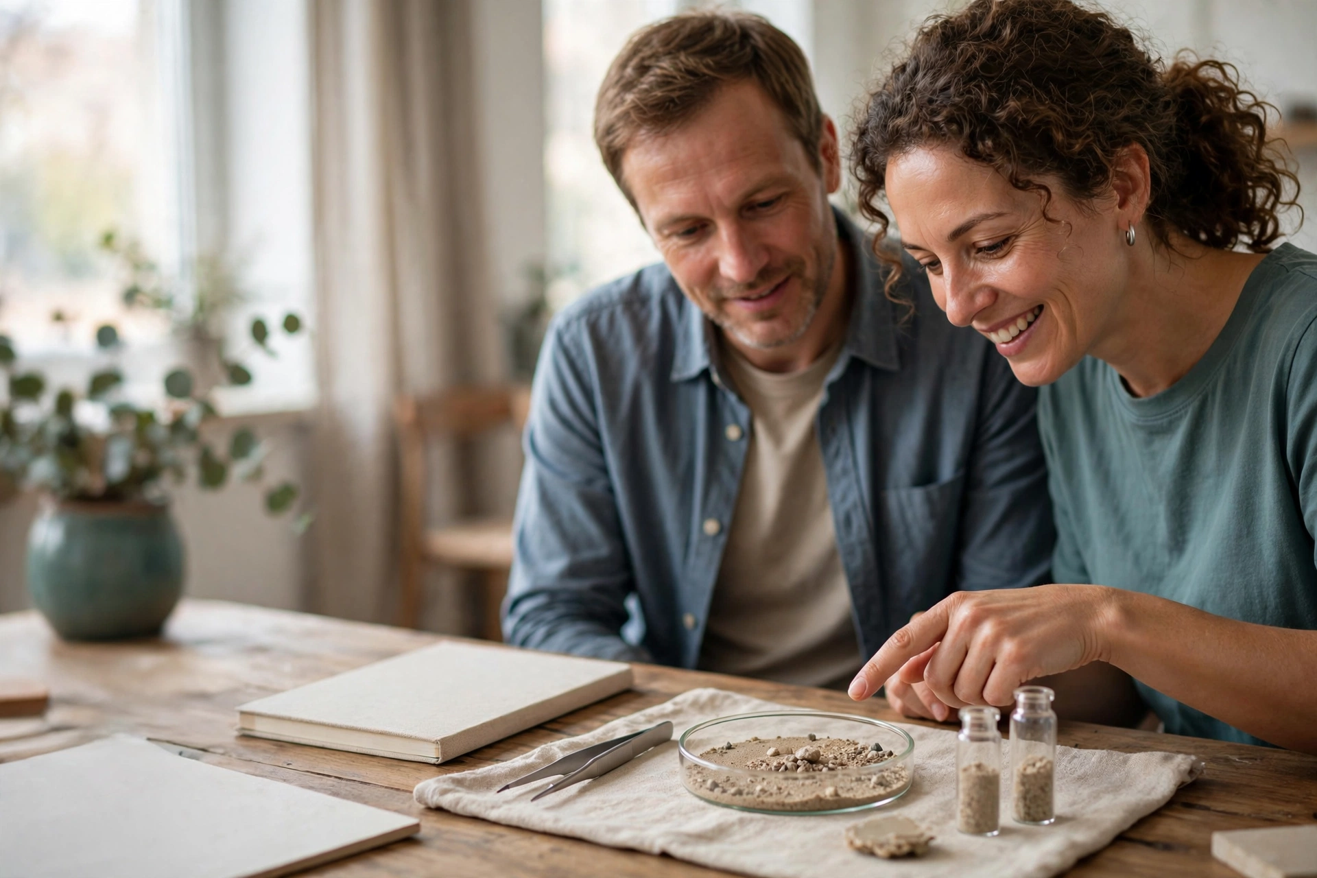 A man and a woman look at a petri dish with soil and small rocks on a wooden table.