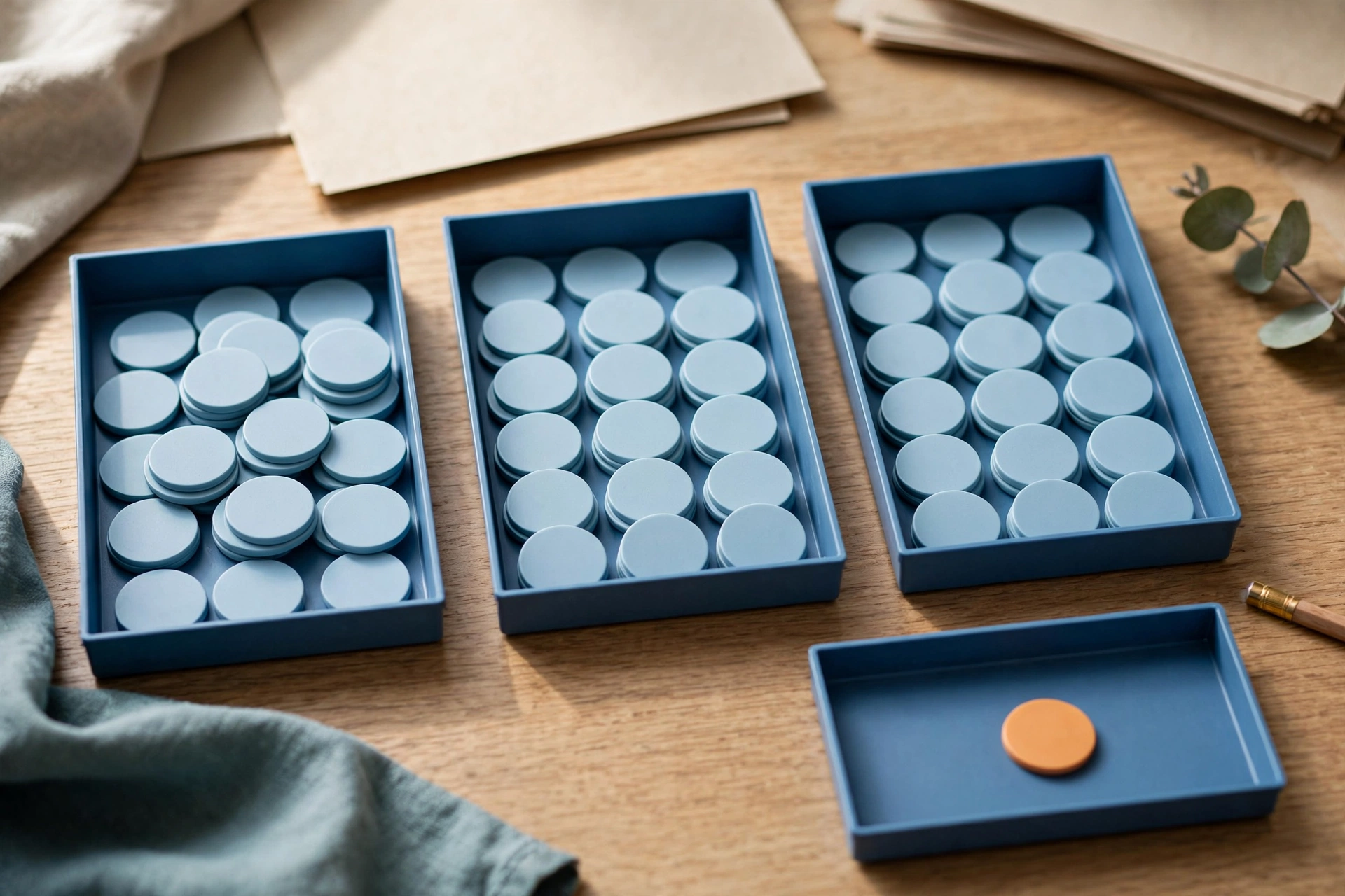 Three blue sorting trays filled with blank tokens are arranged in sequence, with a fourth tray containing a single orange token.