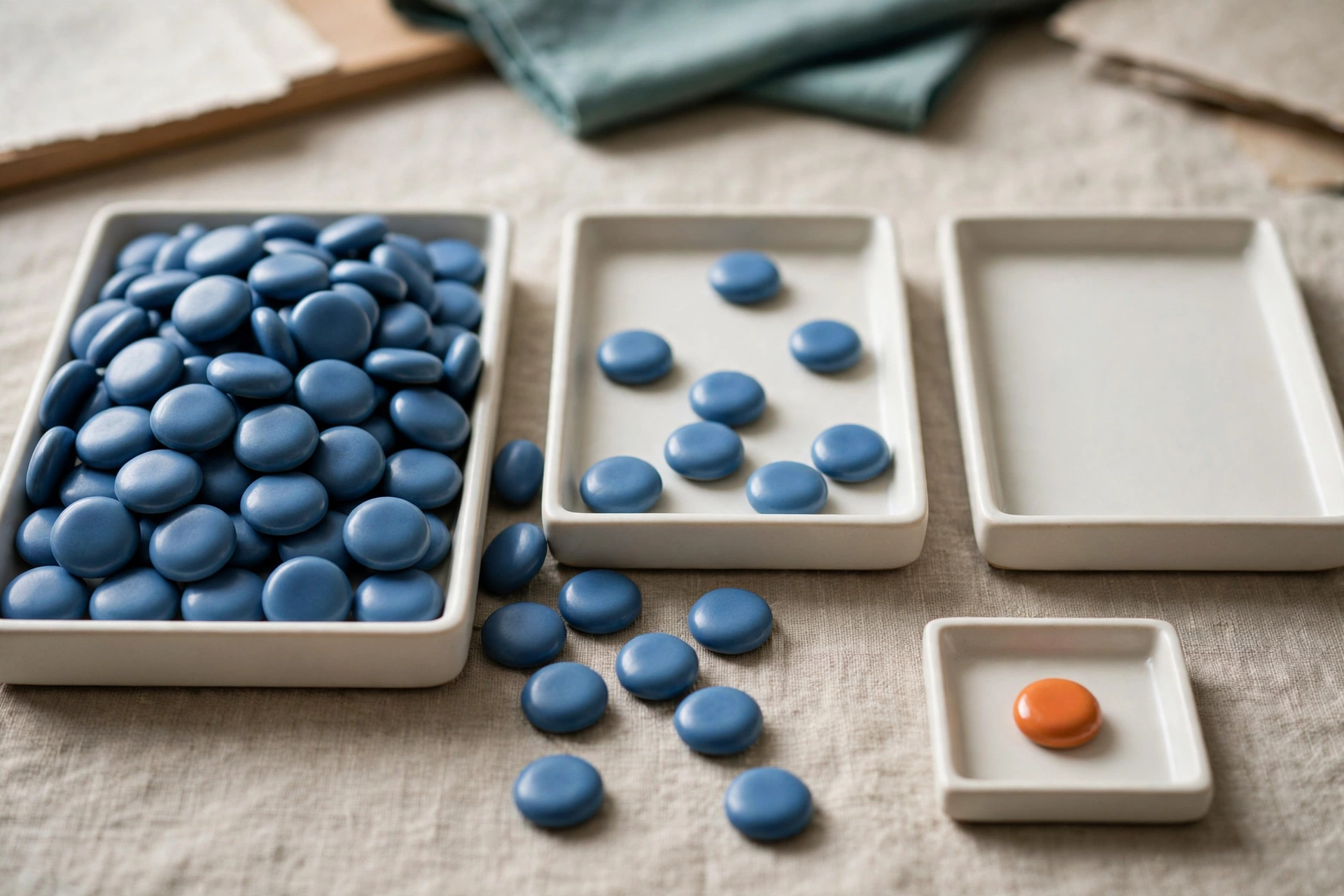 Three shallow trays hold blue tokens, with one tray empty and a separate small tray holding a single orange token.