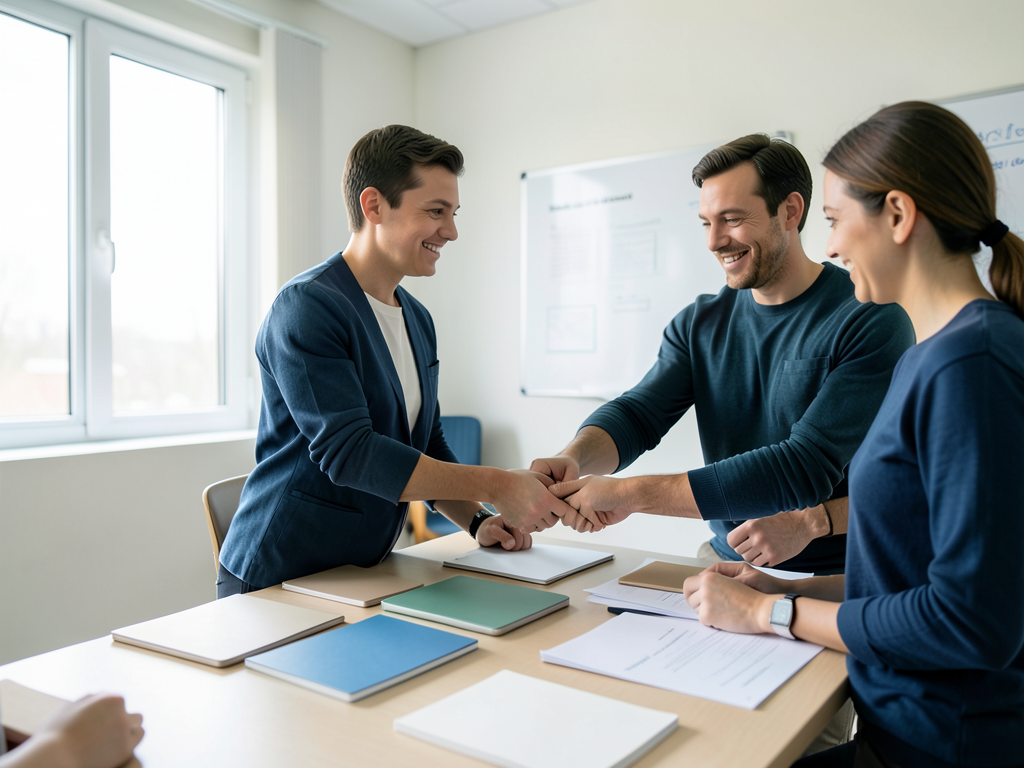 Three smiling professionals shake hands across a table in a bright room, with blank documents and notebooks laid out.