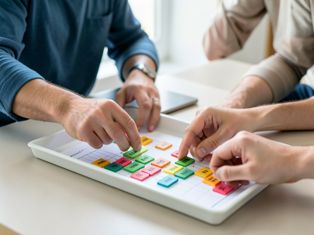 Two colleagues are shown from the chest down, collaborating at a table by moving colored tokens between trays on a grid.