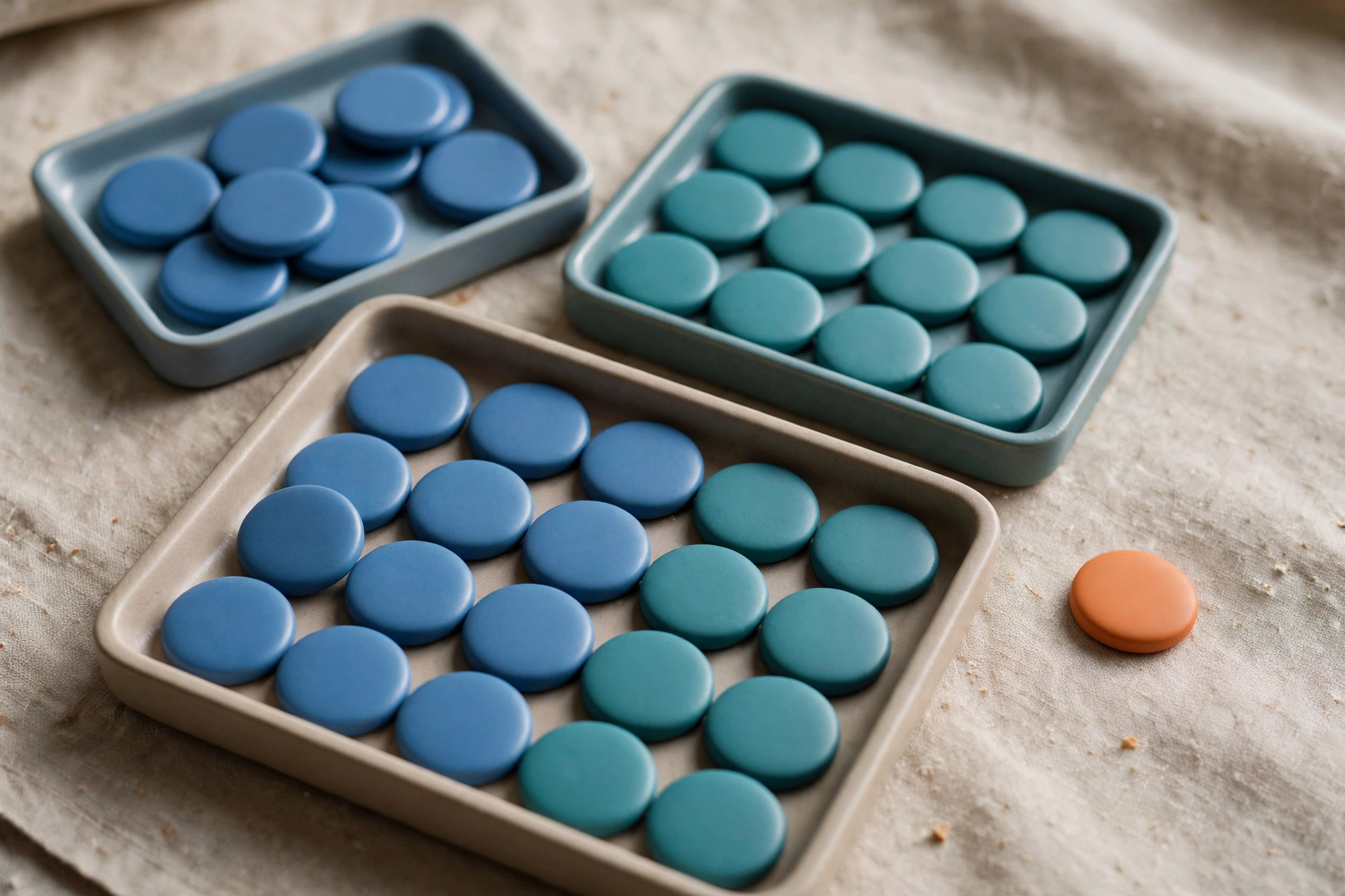 Two trays of blue and teal tokens converge into a single organized tray with an orange token beside it.