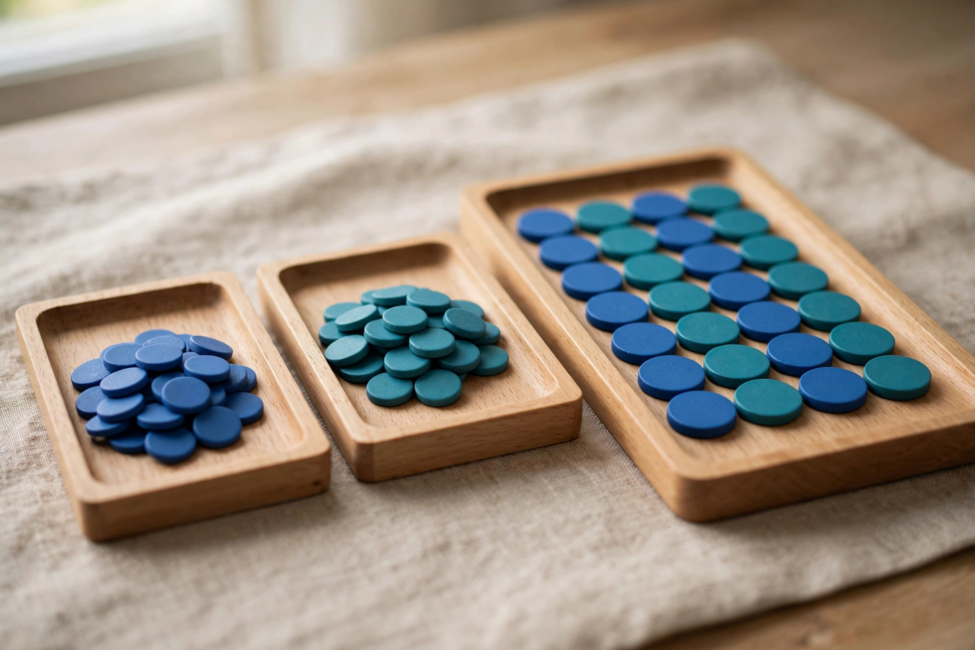 Three wooden trays with blue and teal tokens are arranged on a textured surface, symbolizing data consolidation.