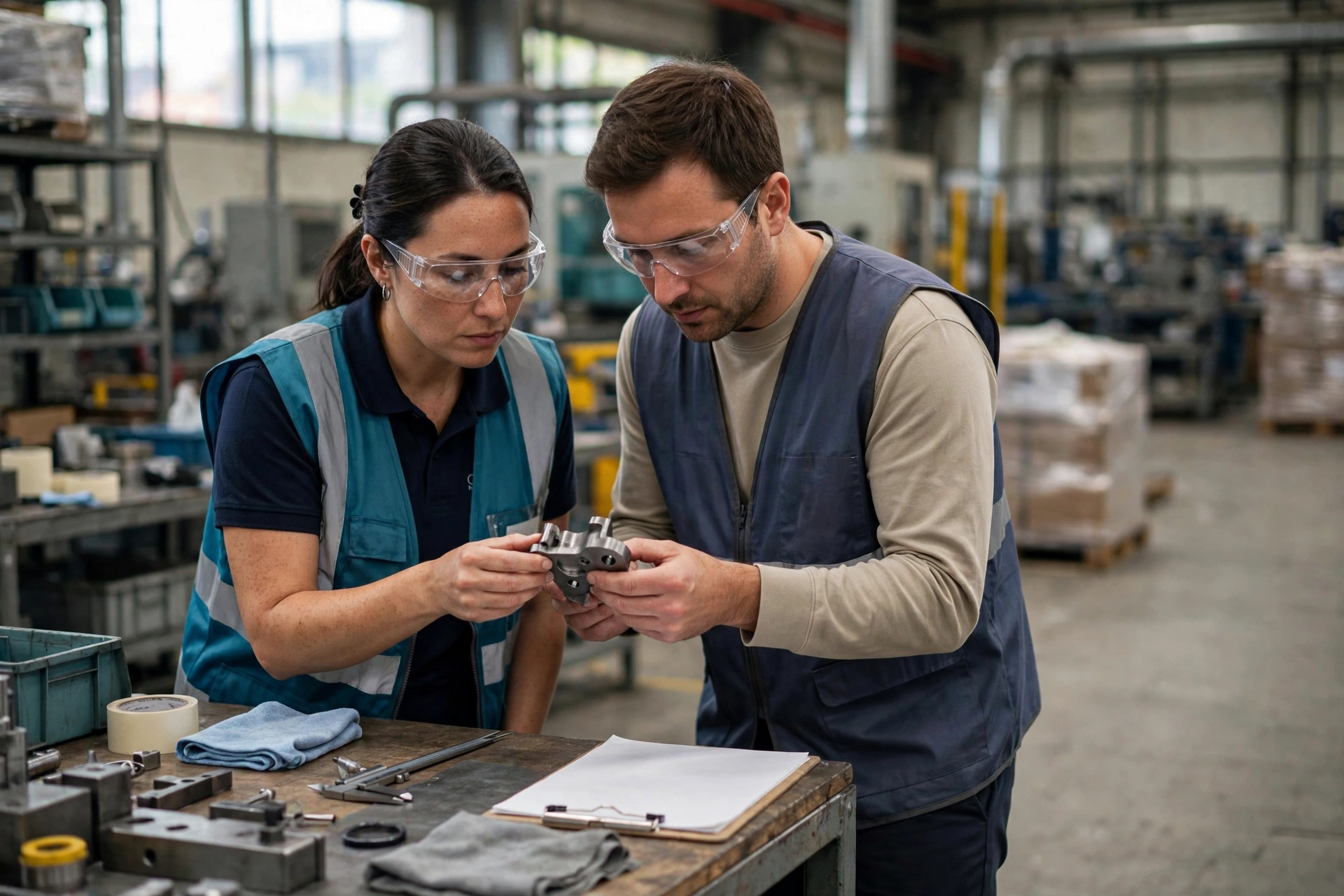 A man and a woman wearing safety glasses and vests inspect a metal component in a factory work cell.