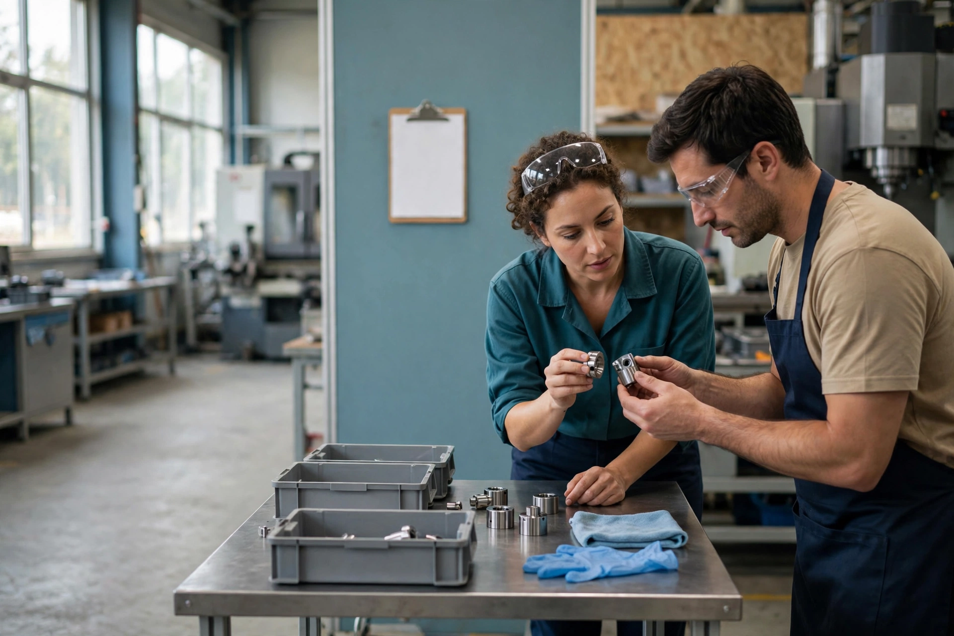A man and a woman in a manufacturing setting compare two metal parts while standing at a workbench.