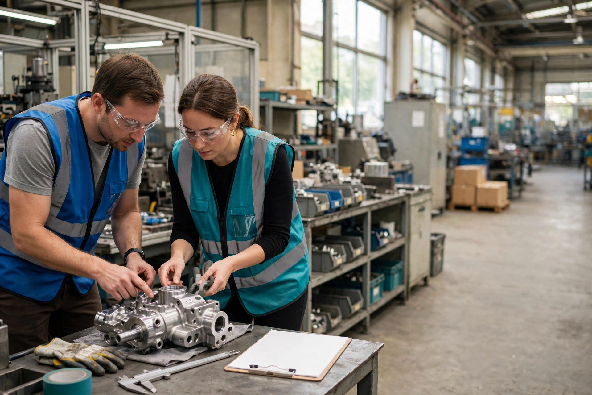 A man and a woman in safety vests and glasses inspect a metal component on a workbench in a factory.