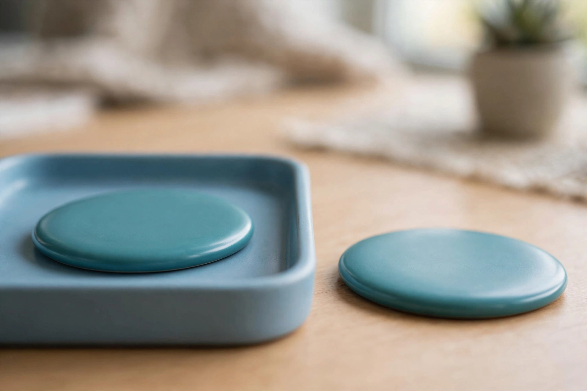 Two identical teal discs are shown, one inside a blue tray and the other separated on a desk.