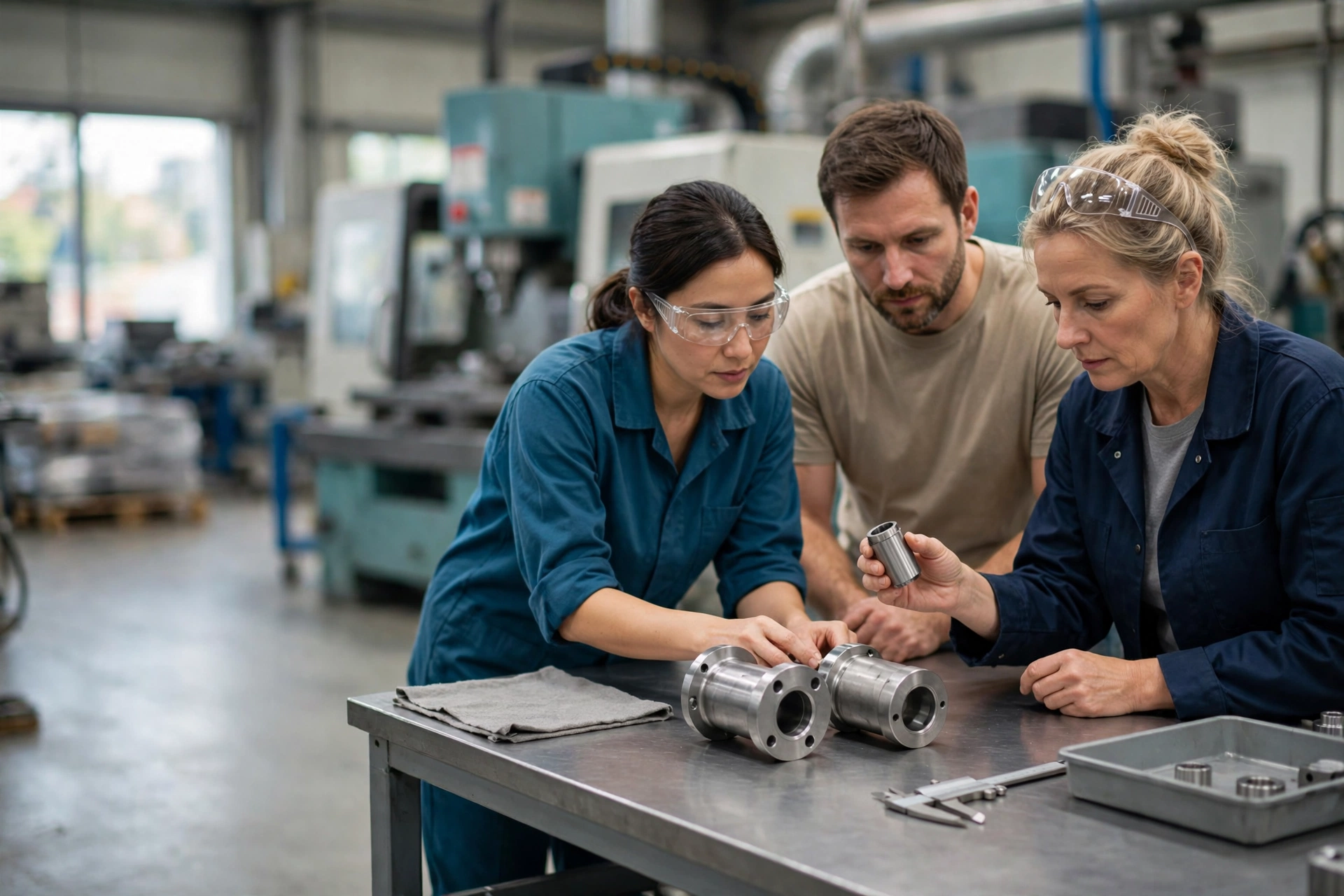 Three manufacturing professionals wearing safety glasses compare metal parts at a workbench in a factory setting.