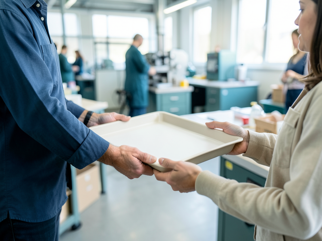 A plant operations colleague hands a sample tray to a customer-facing teammate in a bright manufacturing workshop.