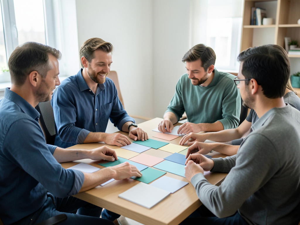 A diverse group of men in casual professional attire arrange colored tiles on a wooden table in a well-lit office setting.