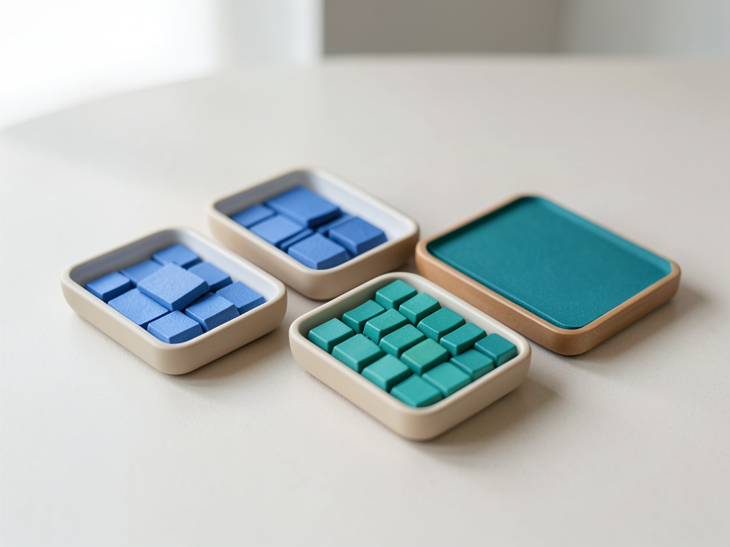 Four trays of blue and teal tokens are arranged on a light-colored surface, symbolizing data consolidation.