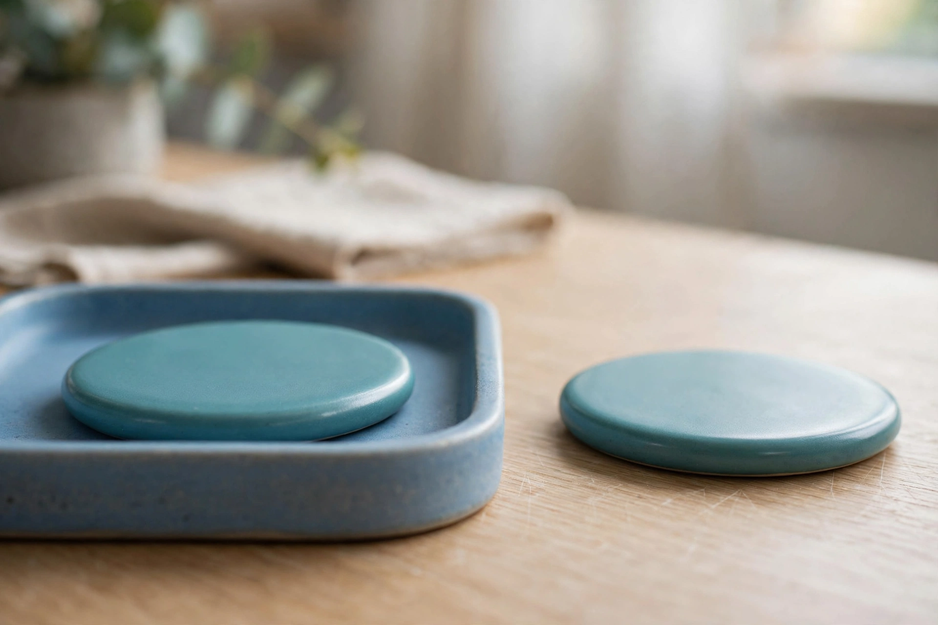 Two identical teal ceramic discs sit on a wooden desk, with one disc inside a blue tray and the other disc placed separately outside the tray.