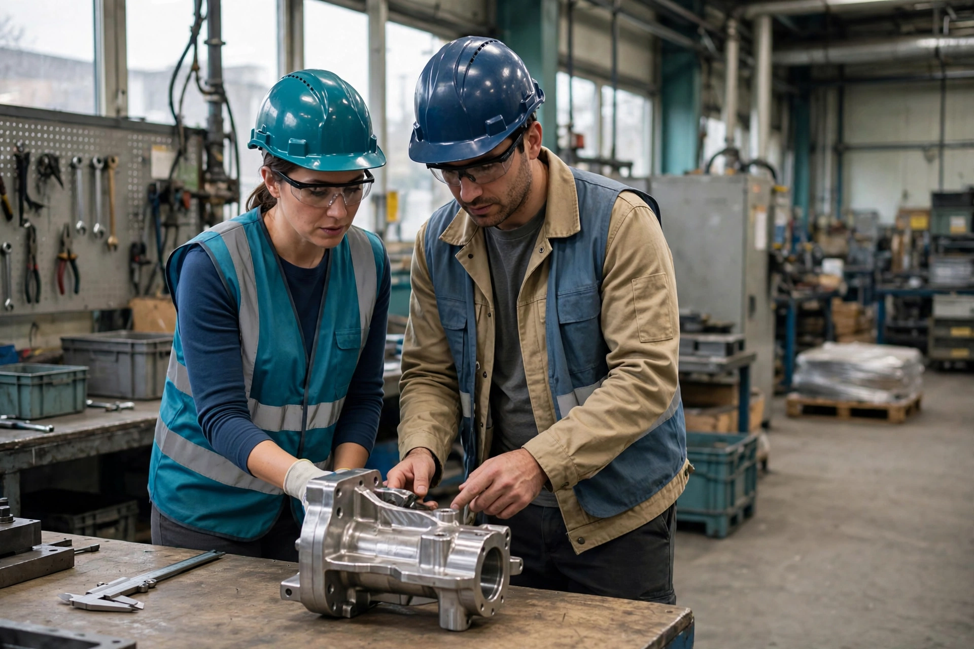 A woman and a man wearing hard hats and safety glasses inspect a metal component in a factory work cell.