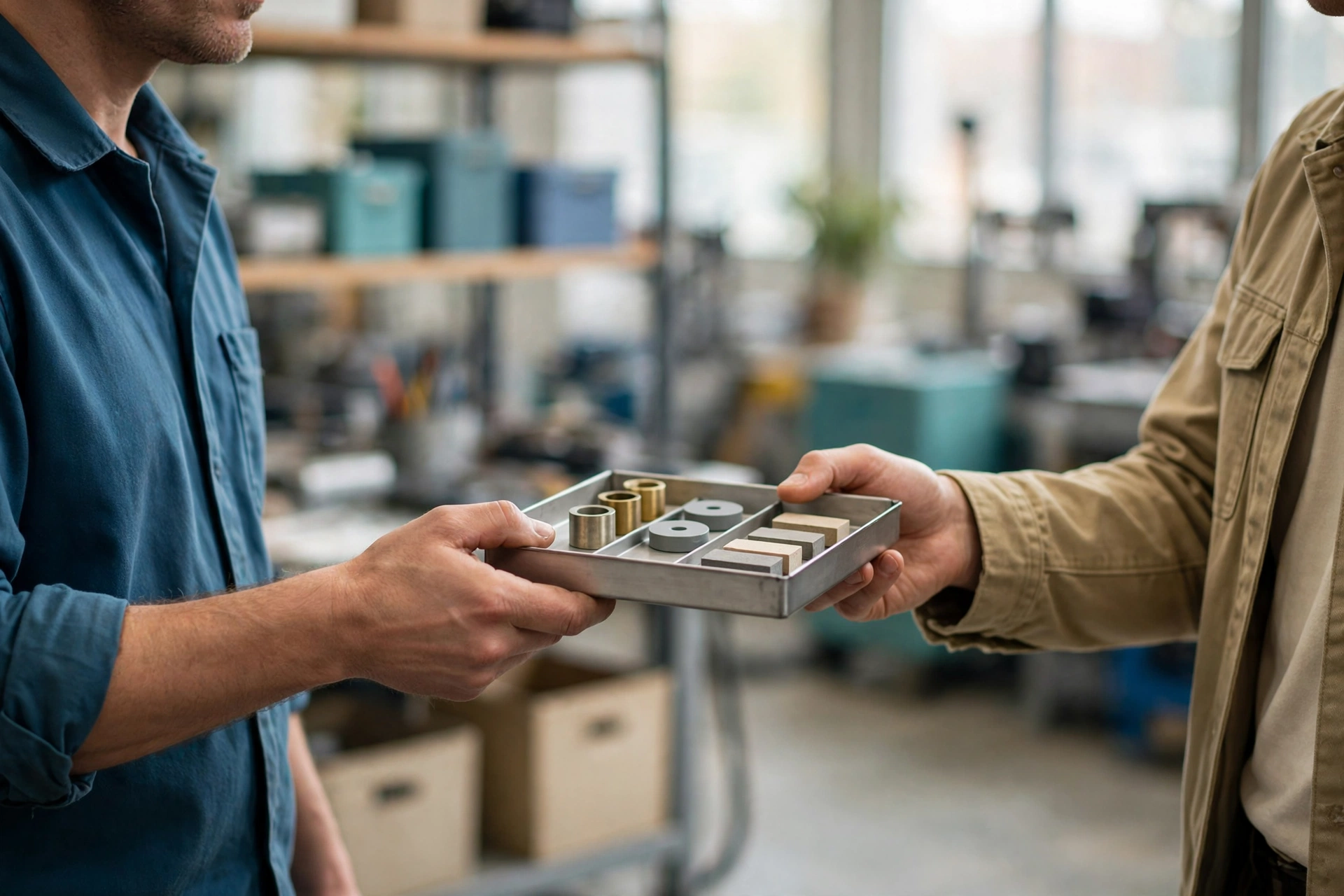A man in a blue shirt hands a sample tray of metal parts to another man in a tan jacket in a bright manufacturing workshop.