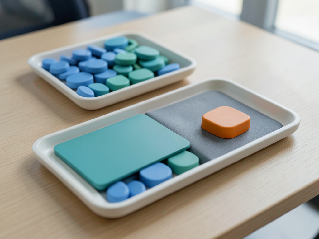Two trays of blue and teal tokens converge into a single organized tray with an orange token beside it on a wooden desk.
