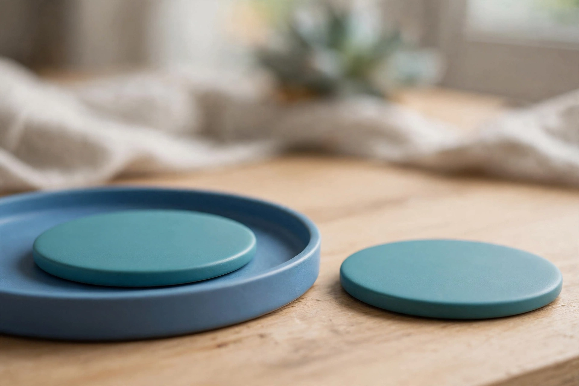 Two identical teal discs sit on a wooden surface, one inside a blue tray and the other separated beside it.