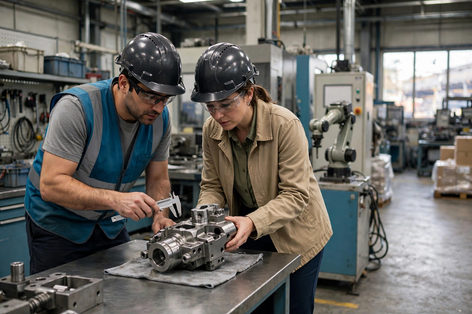 A man and woman wearing hard hats and safety glasses inspect a metal component at a workbench in a factory.