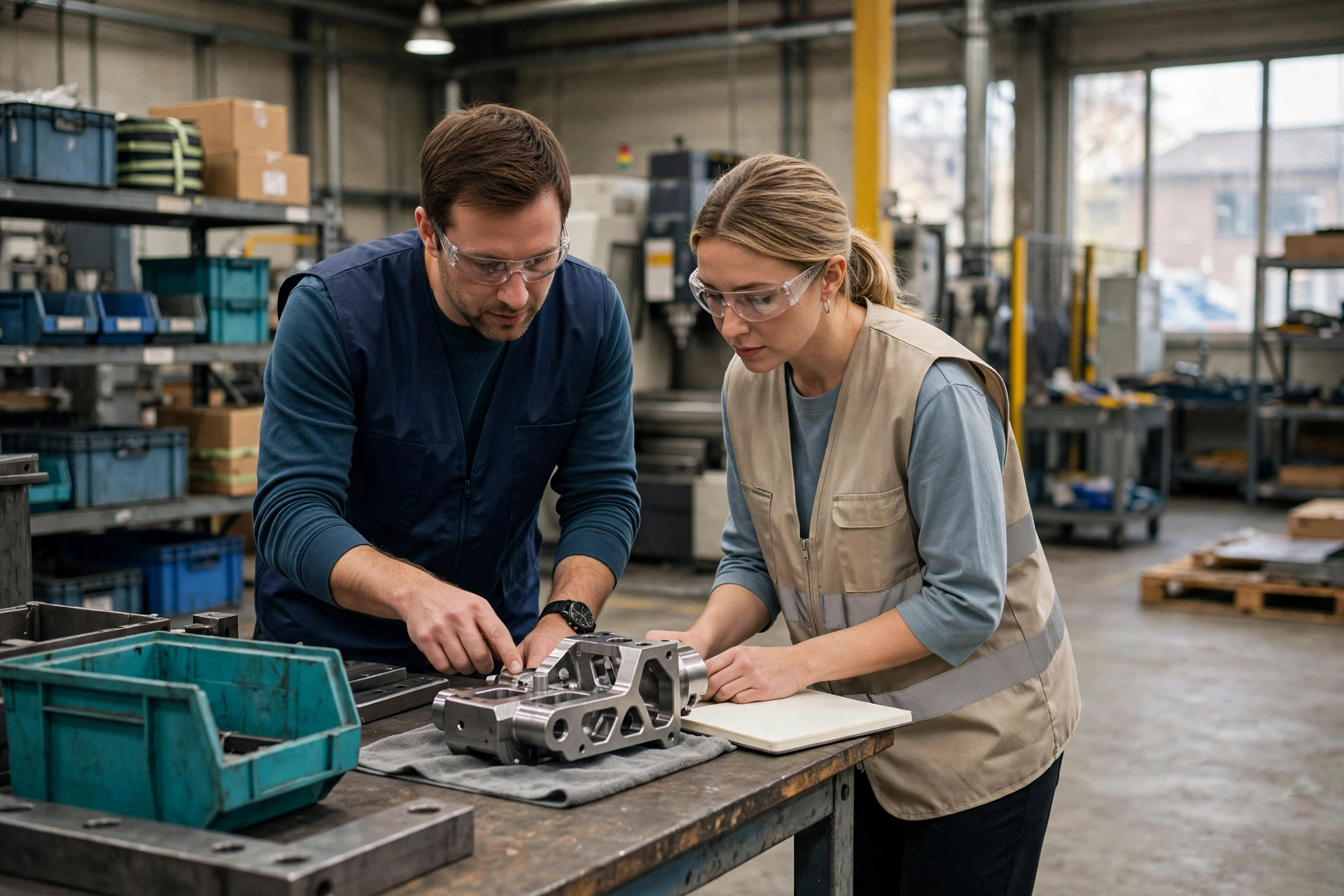 A man and a woman in safety glasses and vests inspect a metal component on a workbench in a factory.