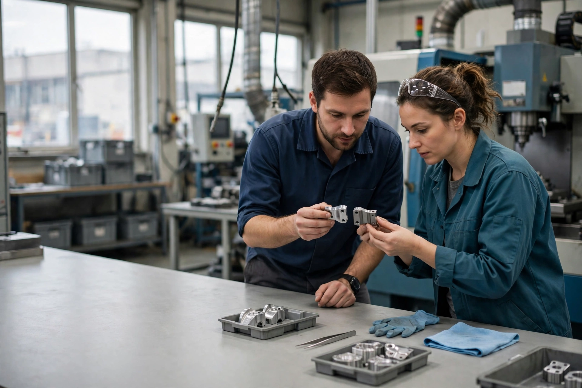 A man and a woman examine metal components at a workbench in a manufacturing facility.