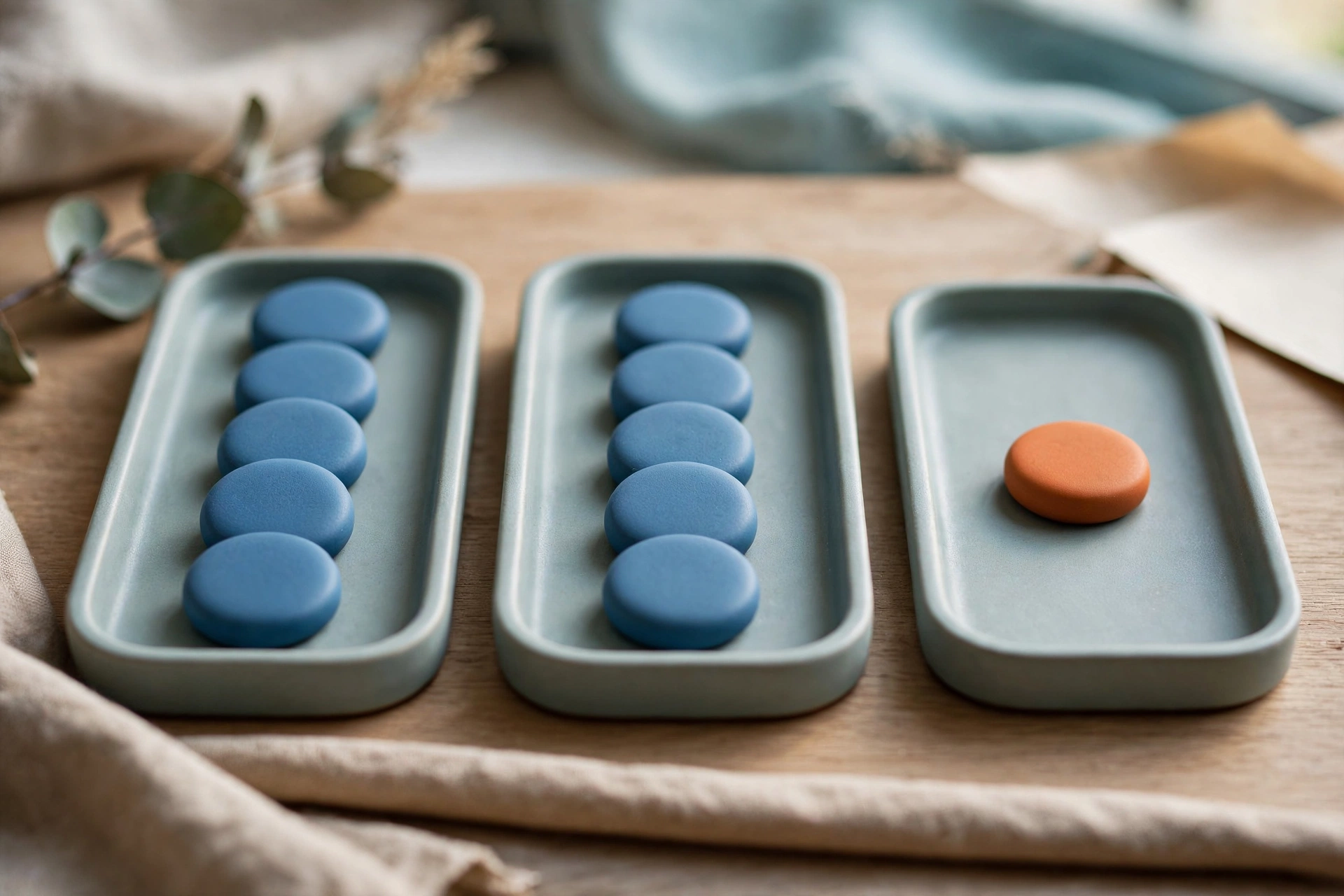 Three shallow trays with blue tokens and one orange token on a wooden surface.